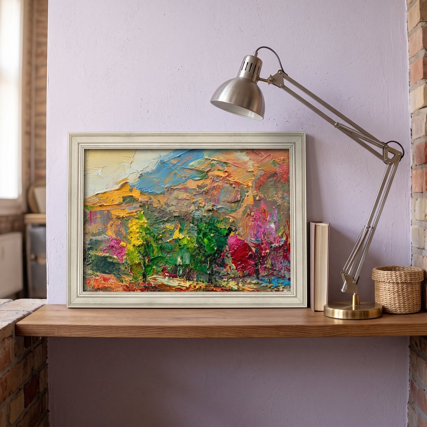 Contemporary study — vibrant Expressionist landscape adds energy and color to a minimalist workspace