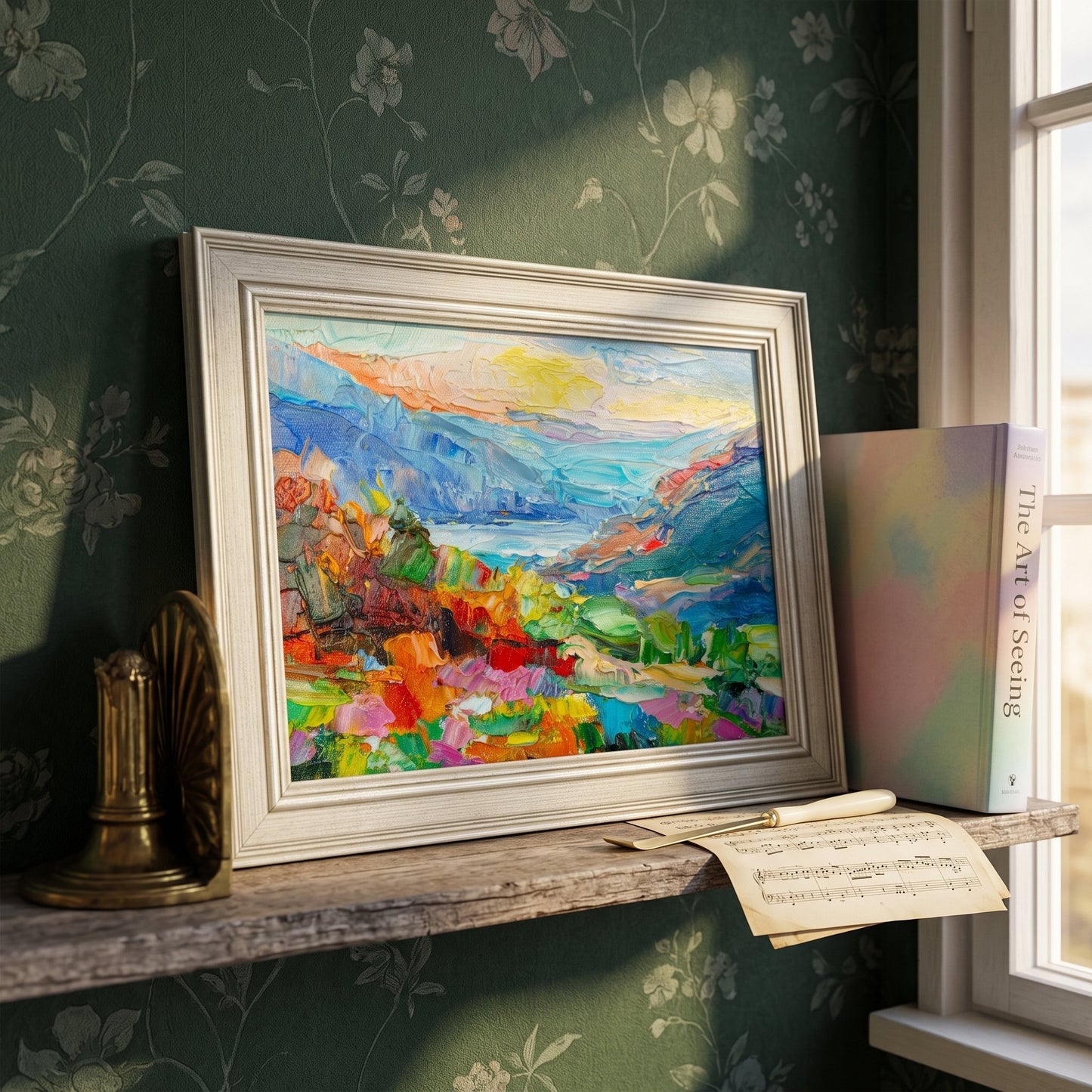 Reading nook, vintage eclectic — vibrant landscape painting adds color and energy to a moody, literary corner