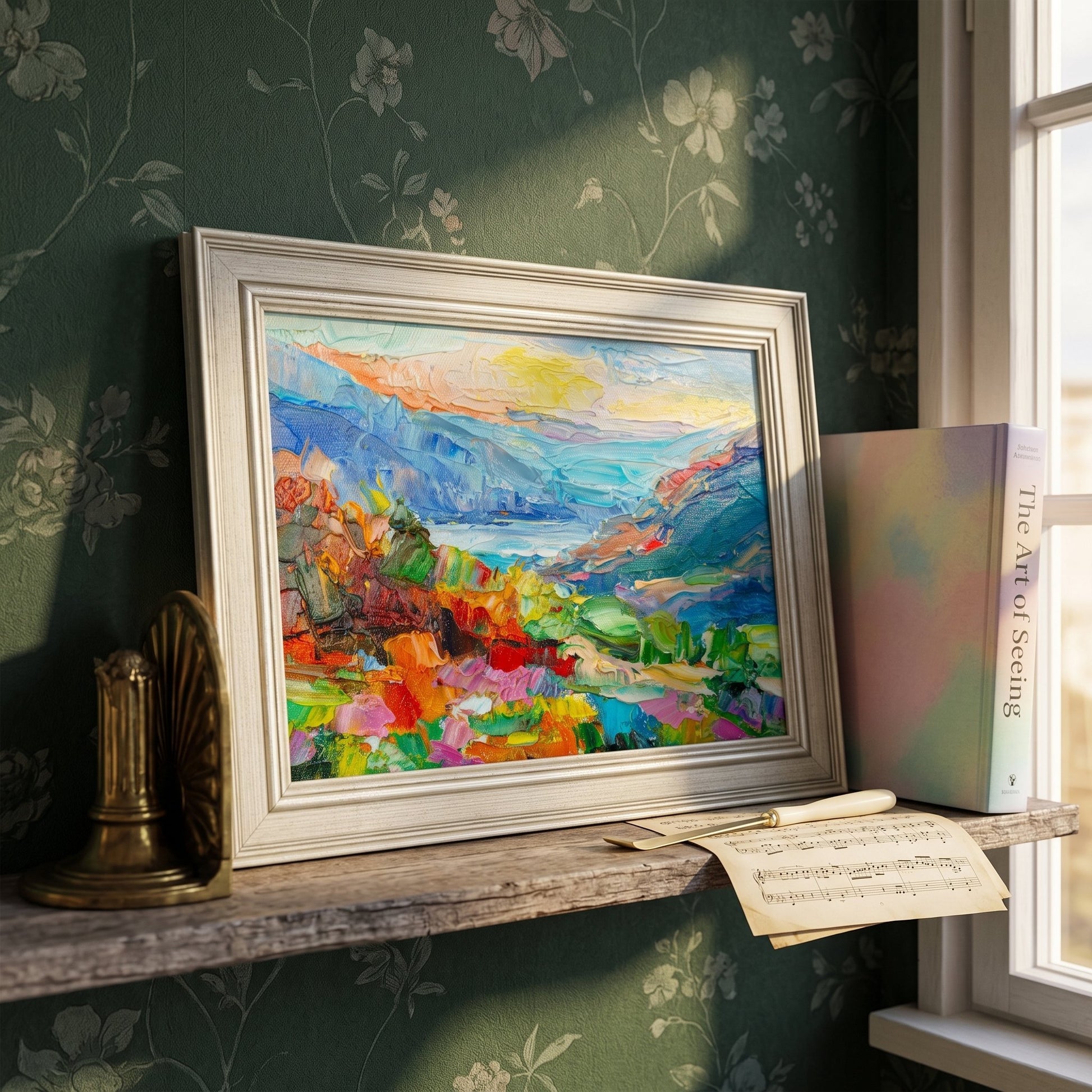 Reading nook, vintage eclectic — vibrant landscape painting adds color and energy to a moody, literary corner