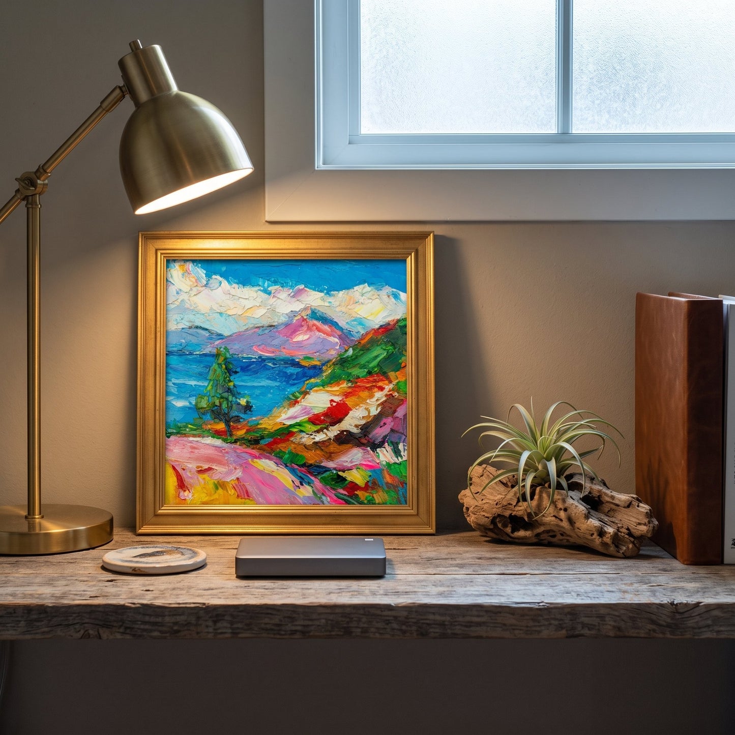 RusticFarmhouseHomeOffice — VibrantExpressionistLandscapePaintingAddsColorAndEnergyToTheSpace
