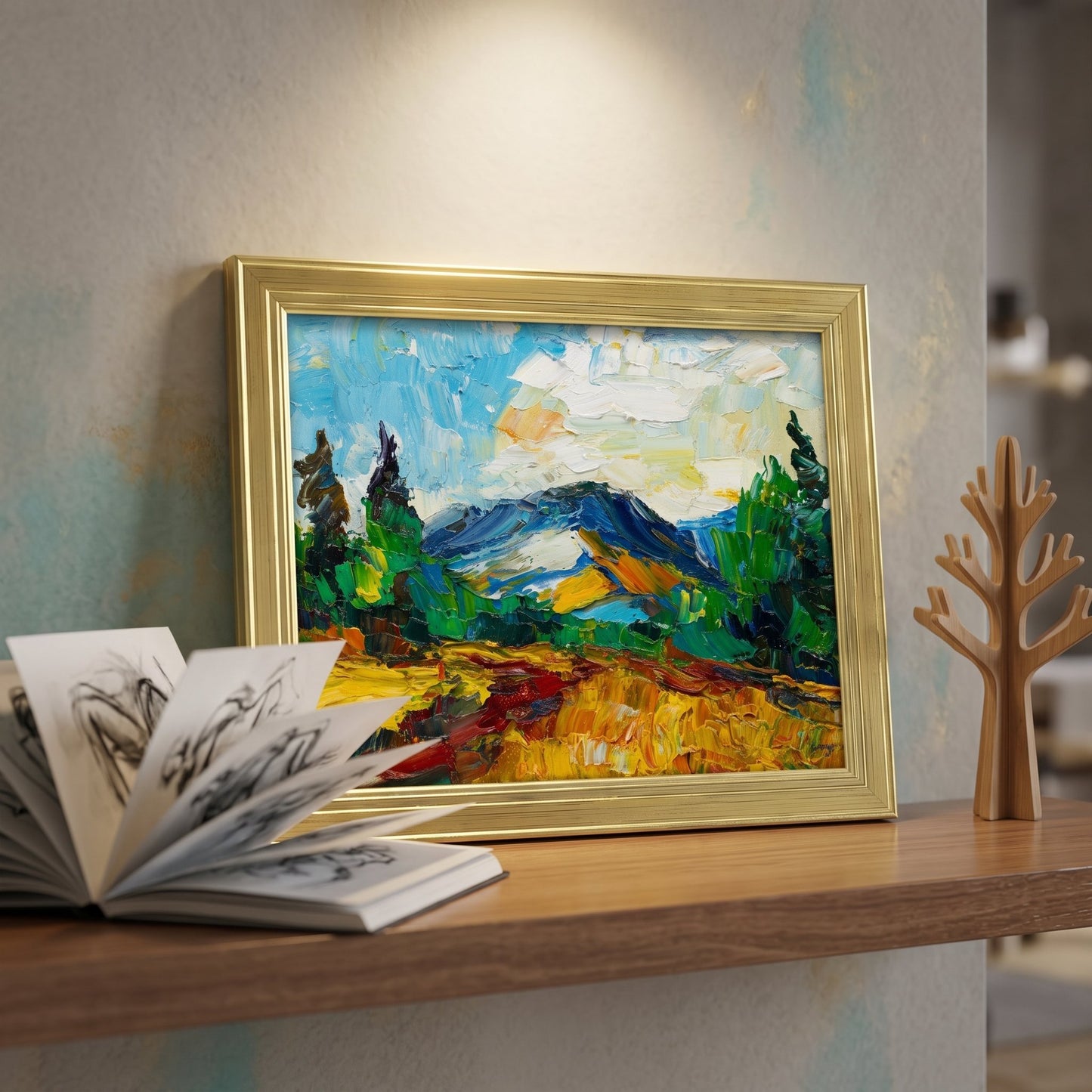 Contemporary living room — vibrant expressionist landscape painting adds color and emotion to minimalist decor