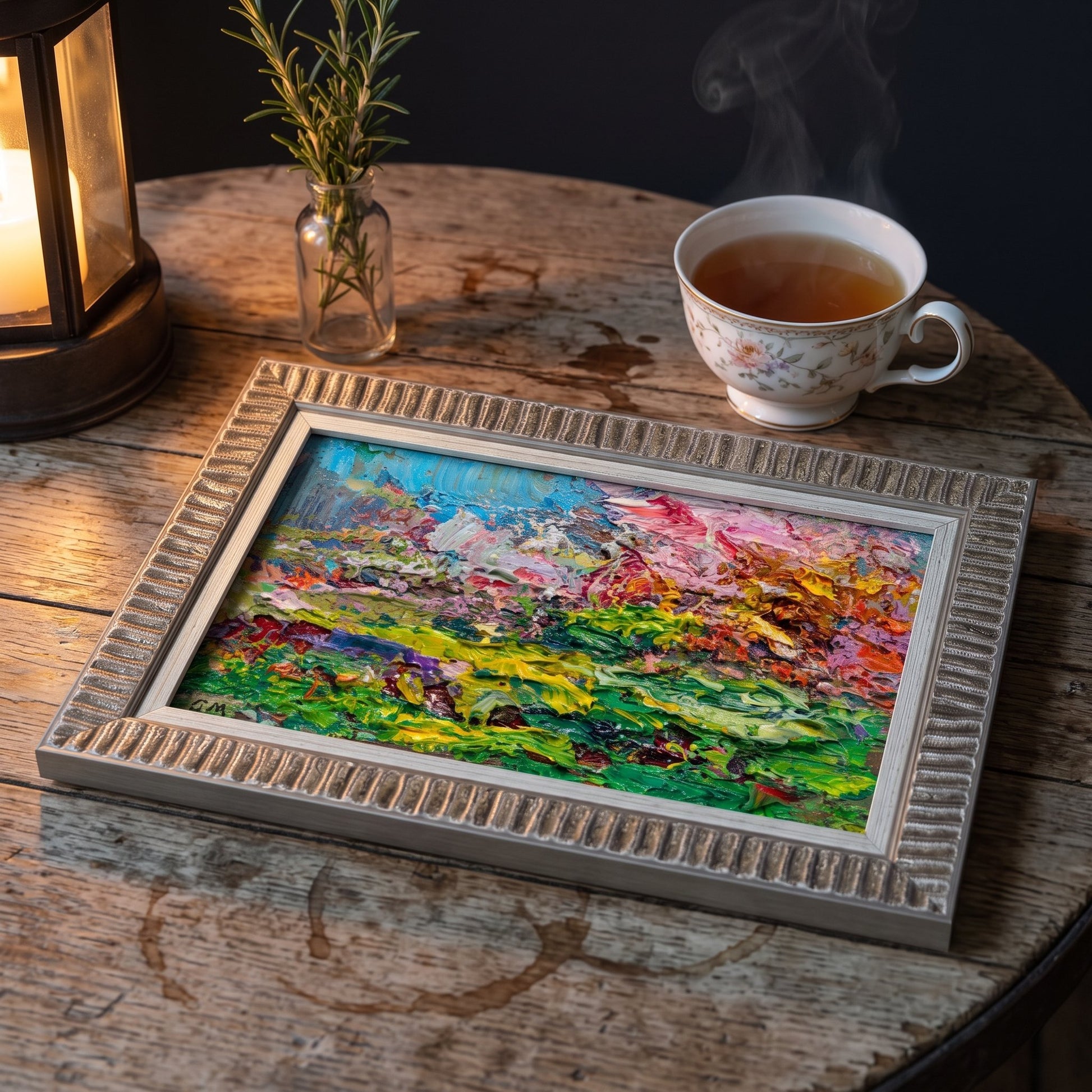 Rustic Farmhouse Living Room — Vibrant expressionist landscape painting adds warmth and color to a cozy wooden table setting