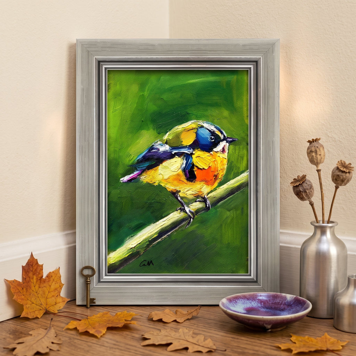 RusticFarmhouseLivingRoom — VibrantImpressionistBirdPaintingAddsNatureInspiredWarmthAndColor