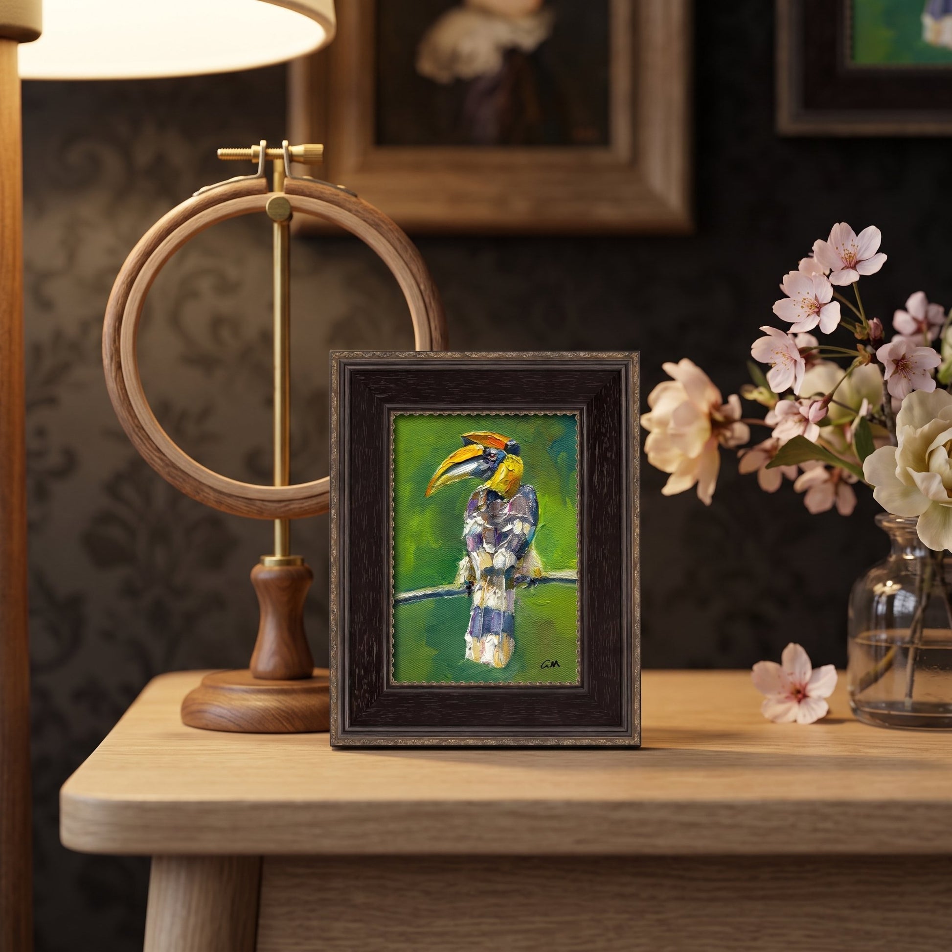 Eclectic living room — vibrant expressionist bird painting adds bold color and texture to warm, layered decor