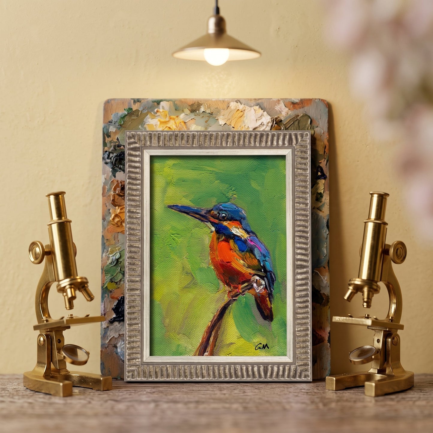 Study, vintage eclectic — vibrant kingfisher painting adds color and life to scholarly decor