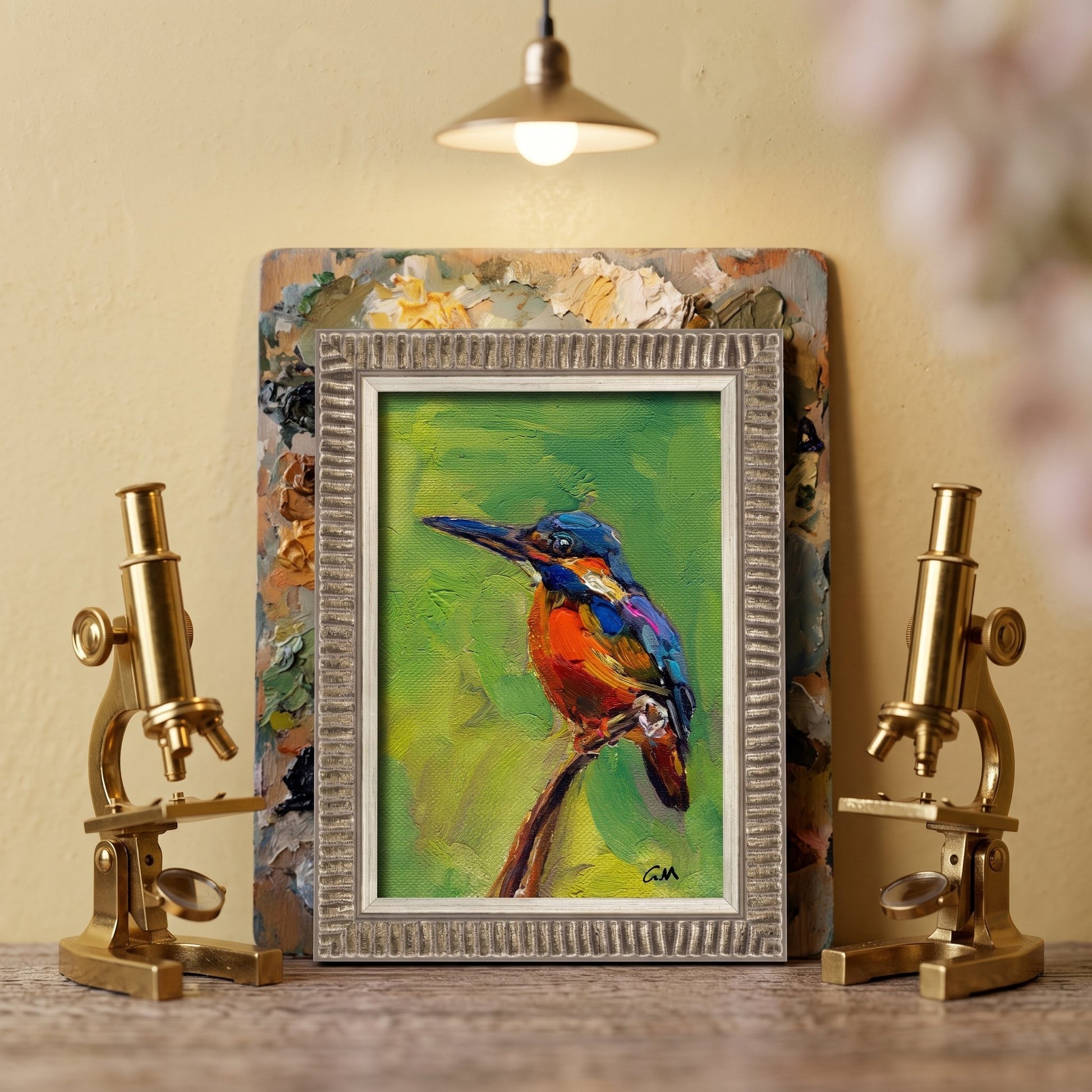 Study, vintage eclectic — vibrant kingfisher painting adds color and life to scholarly decor