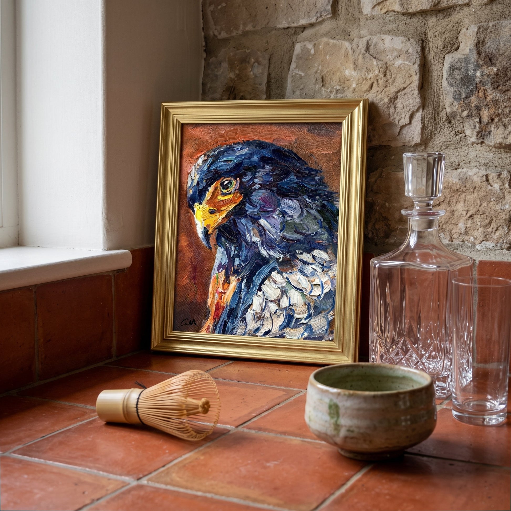Rustic farmhouse entryway — expressive bird painting elevates earthy textures with bold color and texture