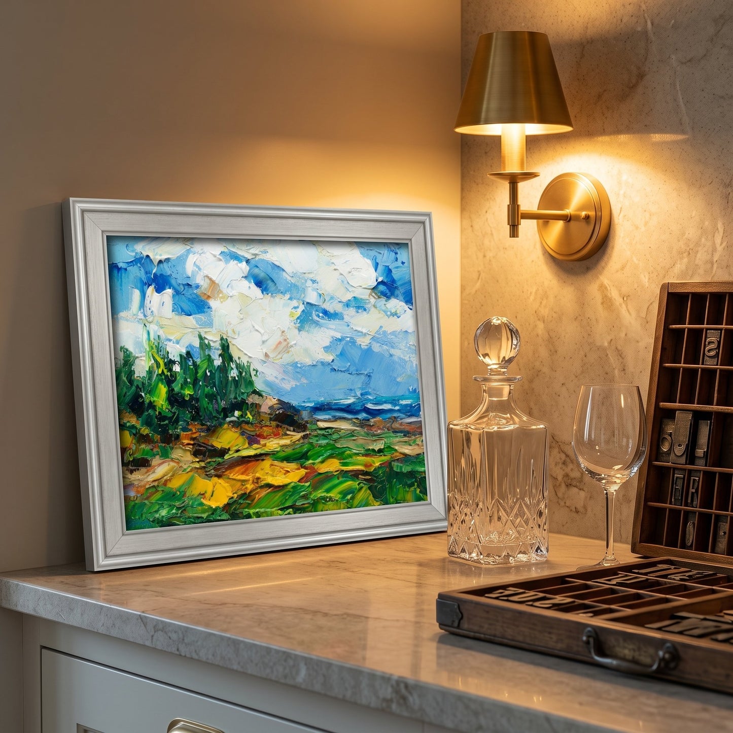 Contemporary home bar — vibrant Impressionist landscape transforms the space with color and texture under warm ambient light