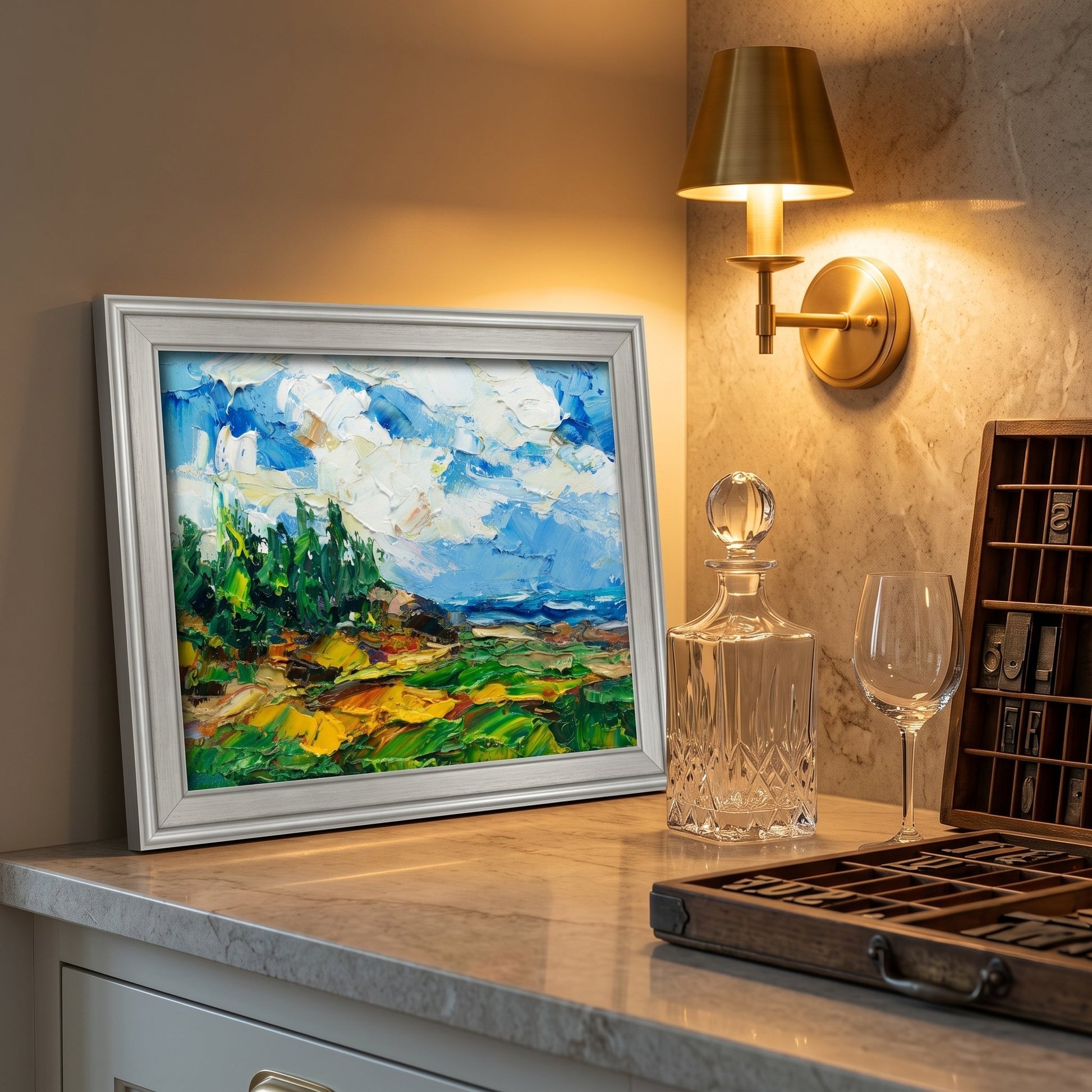 Contemporary home bar — vibrant Impressionist landscape transforms the space with color and texture under warm ambient light