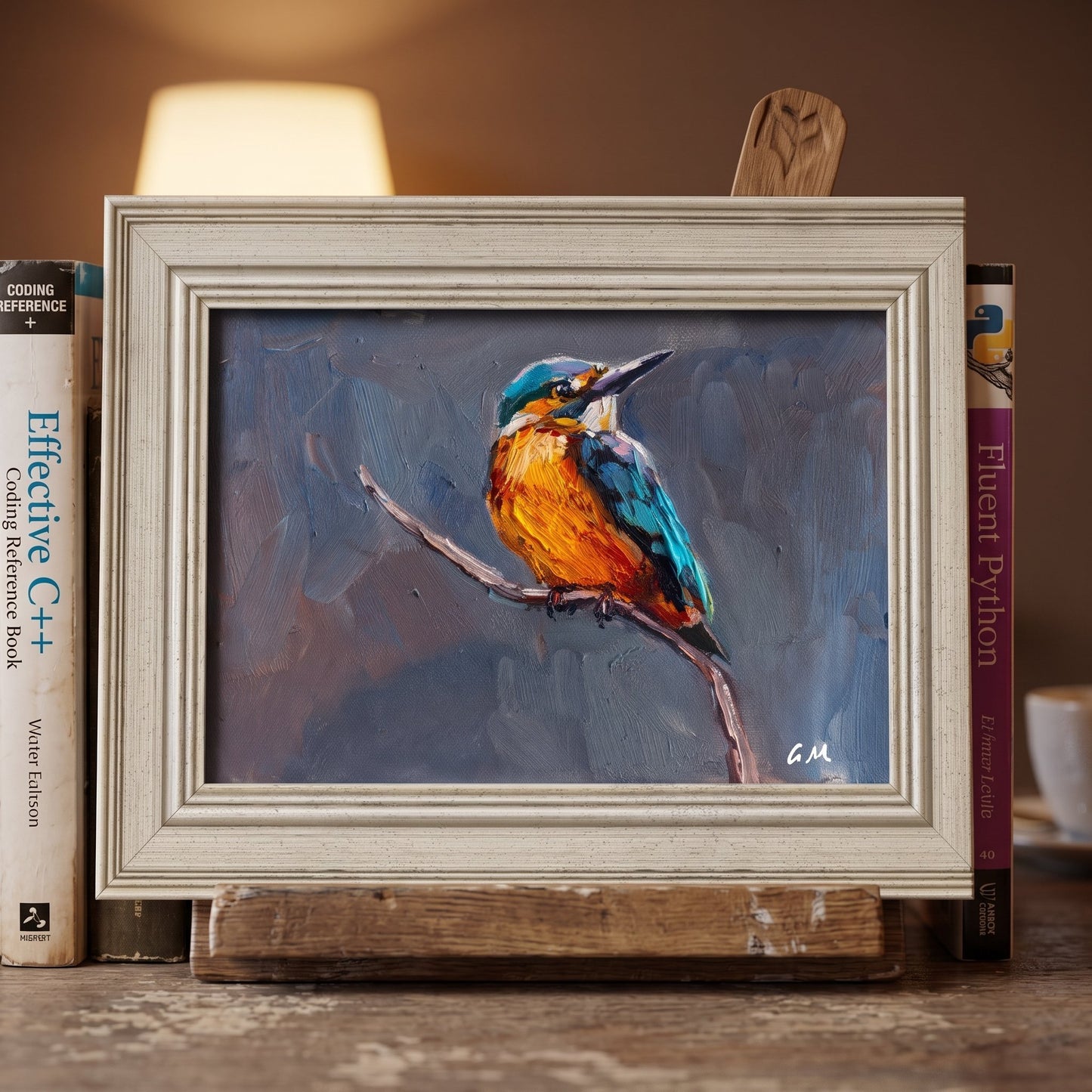 Home study, rustic farmhouse — vibrant kingfisher painting adds color and nature-inspired focus to a warm, book-lined workspace