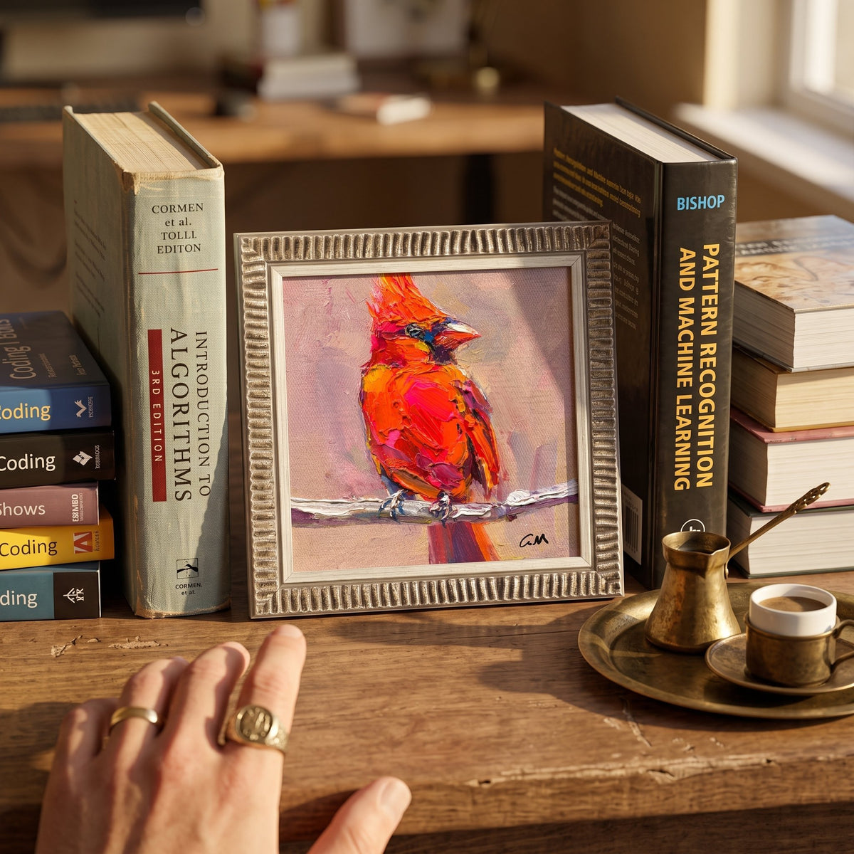 Study, rustic farmhouse — vibrant expressionist cardinal painting adds warmth and life to scholarly space