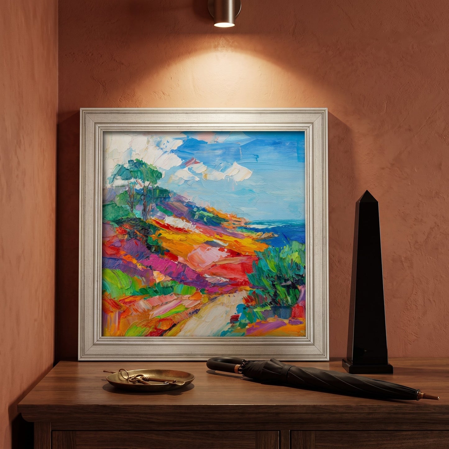RusticFarmhouseEntryway — VibrantImpressionistLandscapePaintingAddsColorAndLifeToWarmTonedSpace