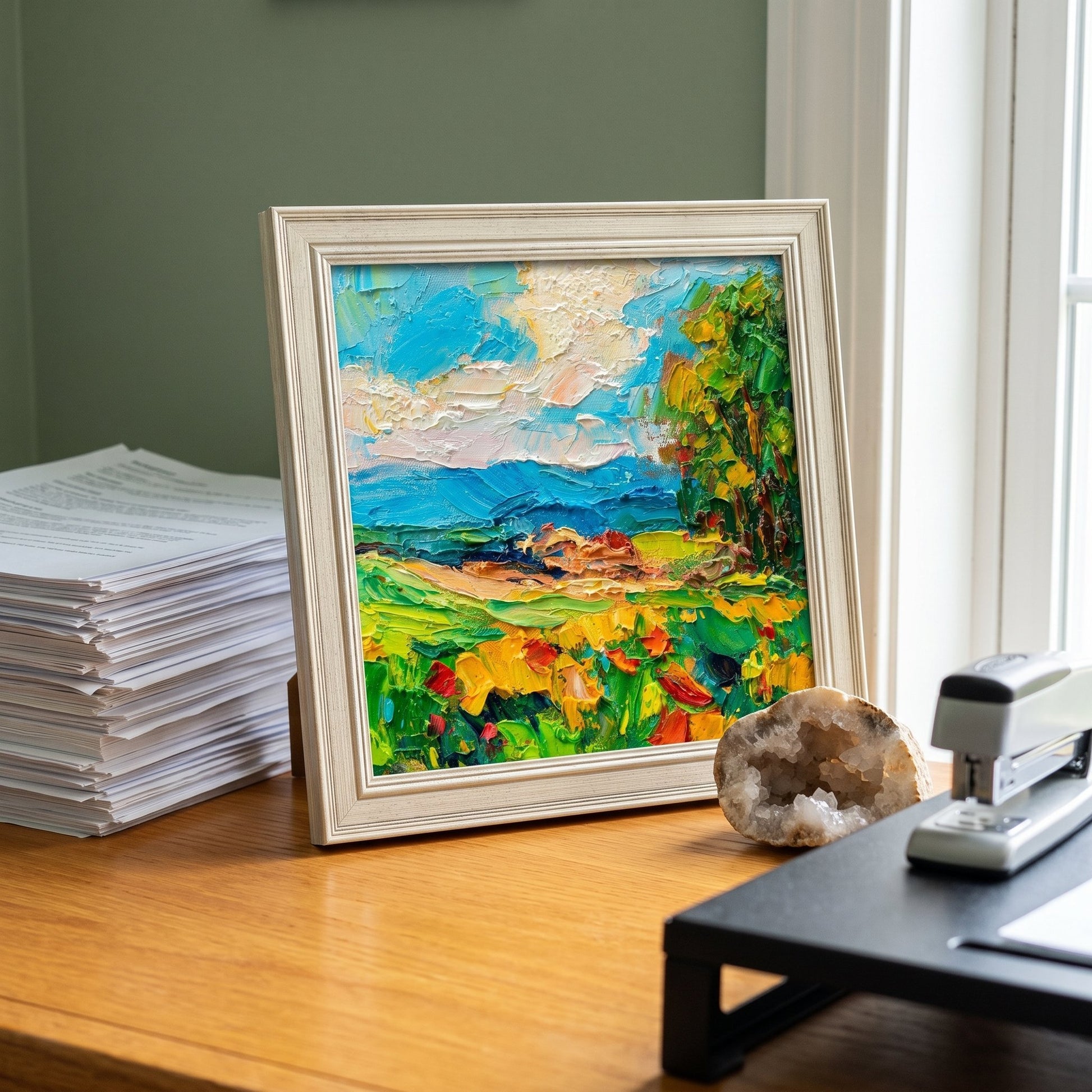 Home office, minimalist — vibrant Impressionist landscape adds color and life to a calm workspace