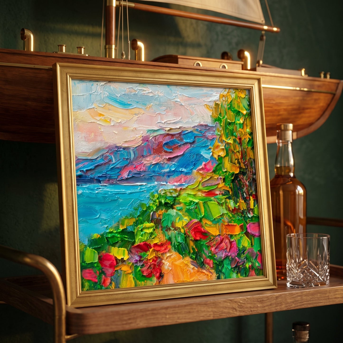 Eclectic home bar — vibrant Impressionist landscape transforms space with bold color and texture