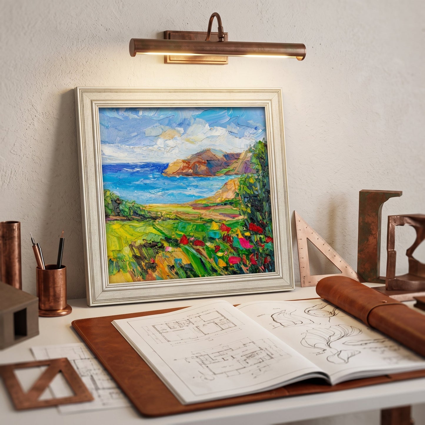 Modern architectural study — Impressionist landscape painting adds vibrant color and natural energy to a minimalist workspace
