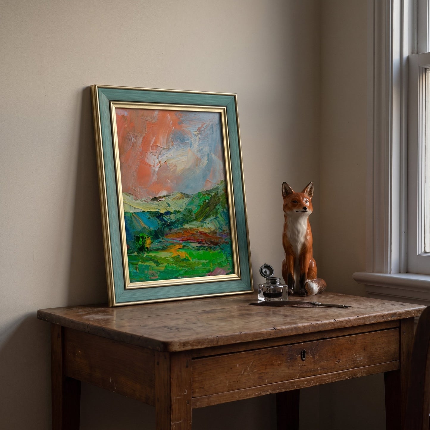 Rustic Farmhouse Study — Vibrant expressionist landscape painting transforms the space with bold color and texture