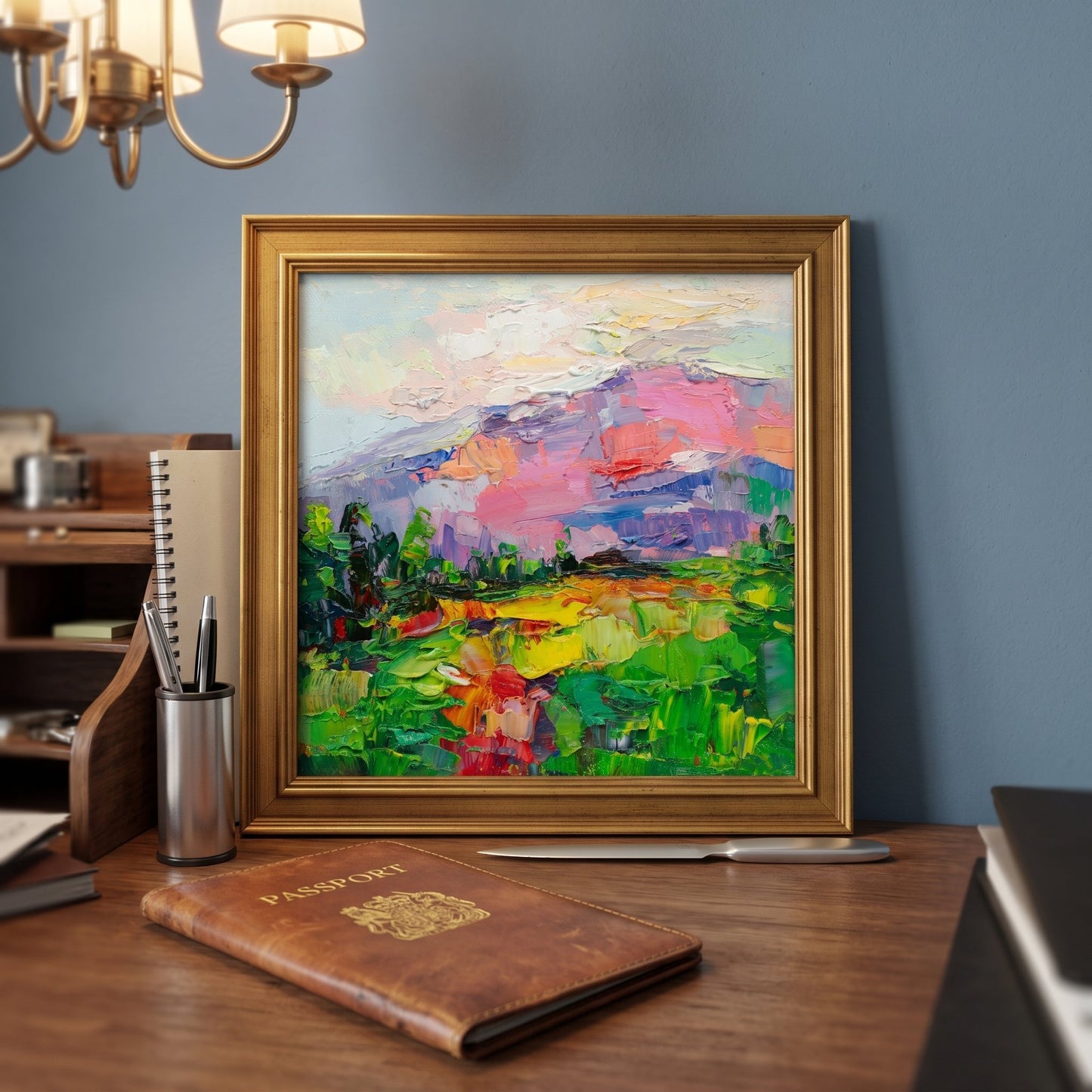 Home office, mid-century modern — vibrant Impressionist landscape adds color and serenity to the workspace