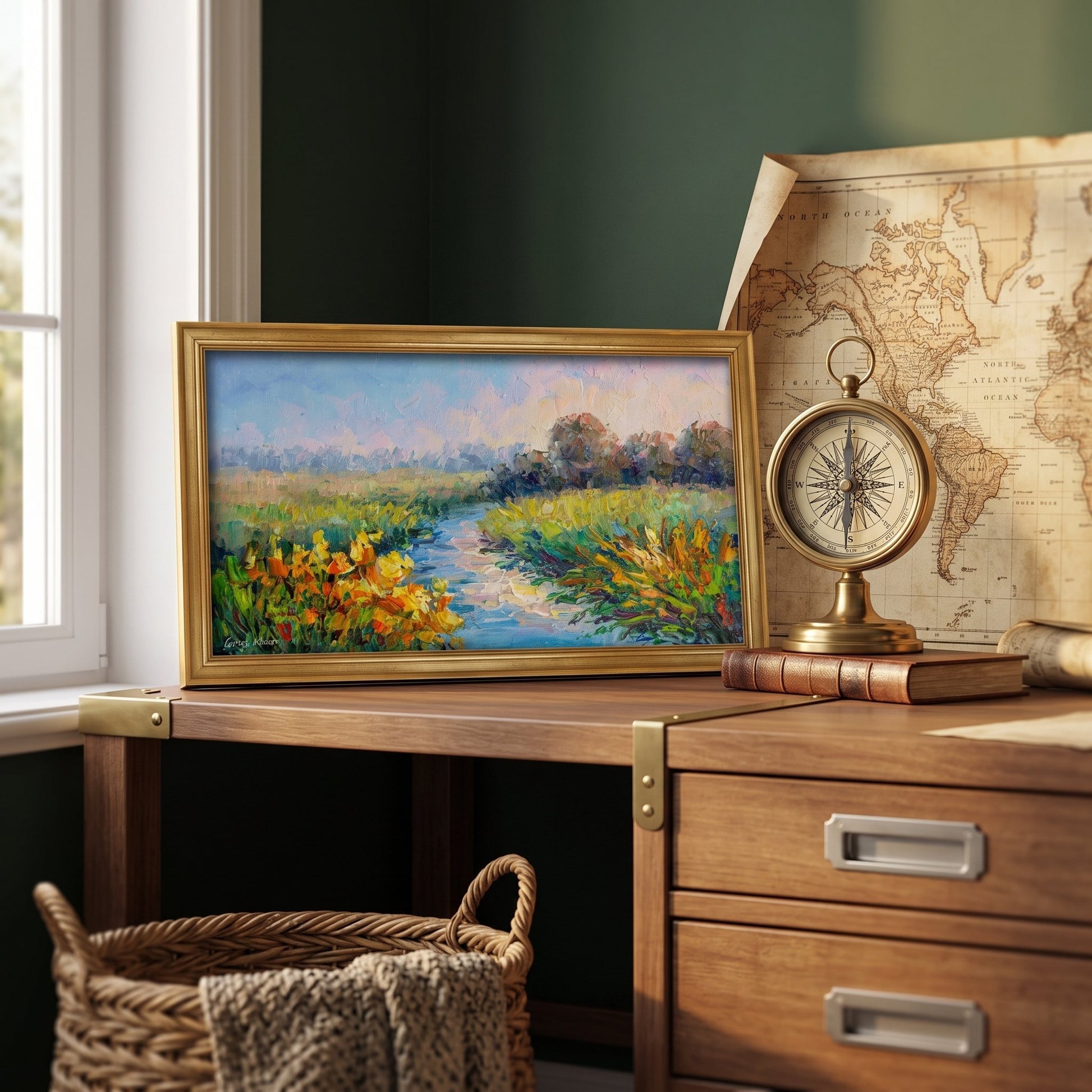 Rustic Farmhouse Study — Original Impressionist Landscape Brings Vibrant Nature Into a Cozy Workspace