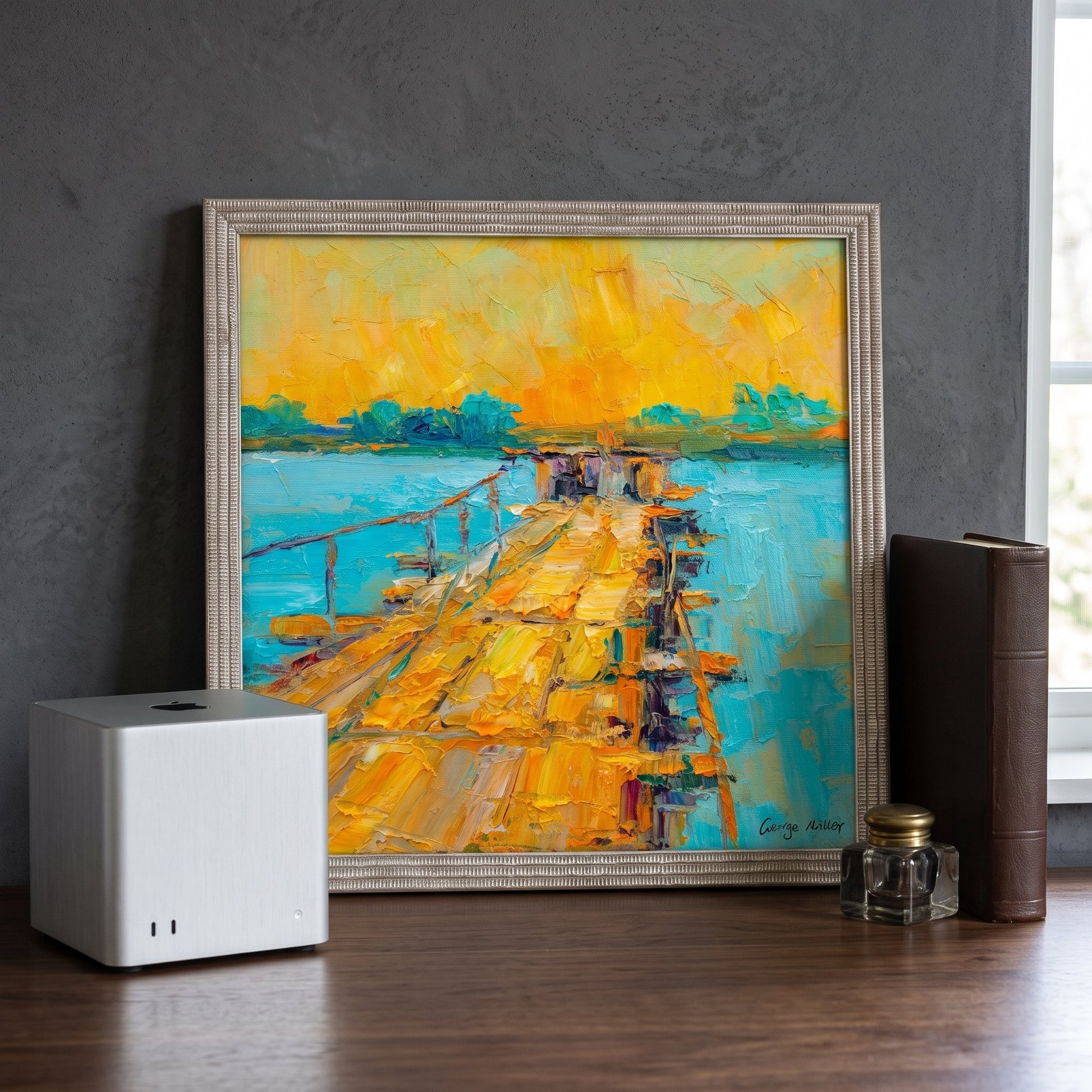 Contemporary study — vibrant Impressionist landscape painting adds warmth and artistic depth to minimalist space