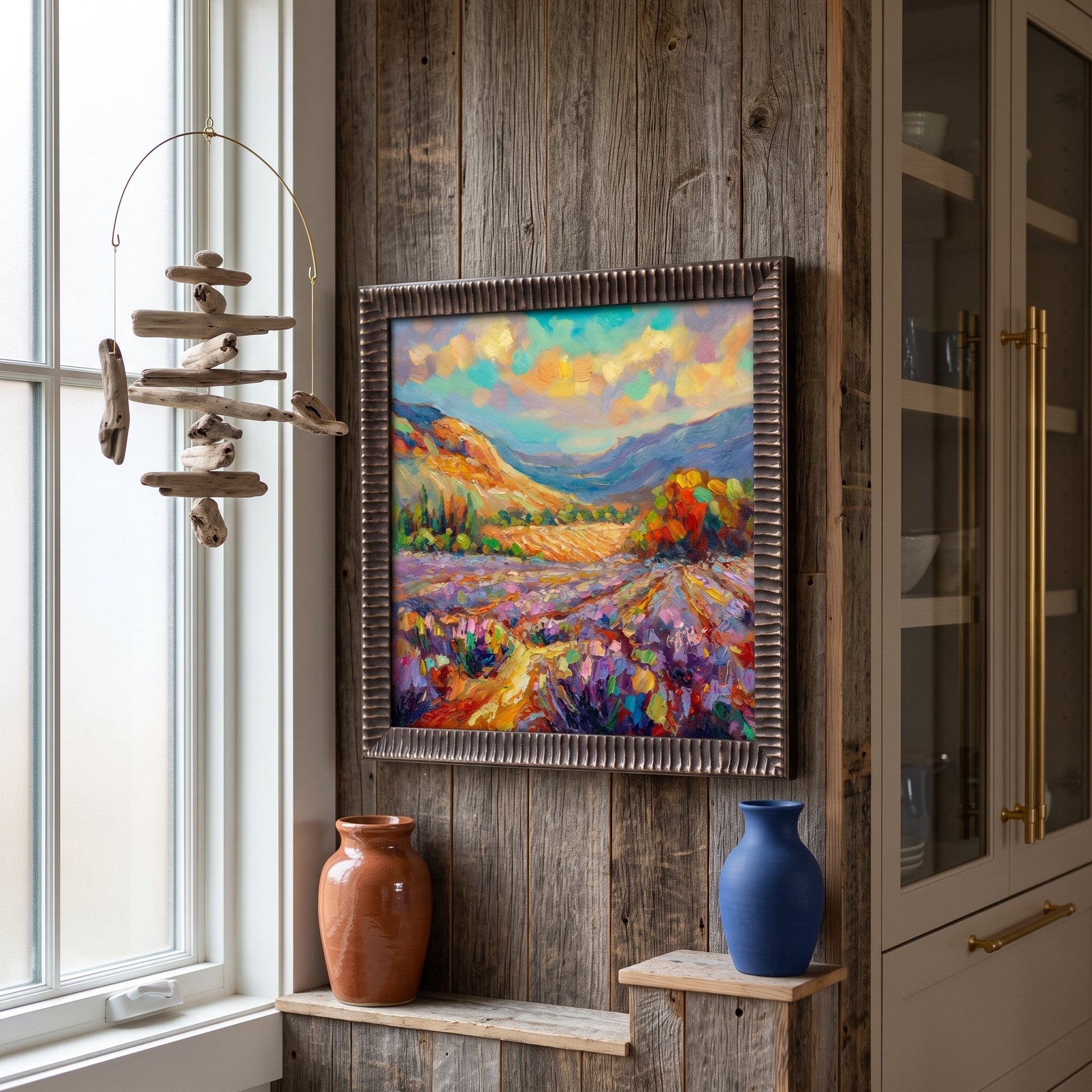 Rustic Farmhouse Entryway — Vibrant Impressionist landscape painting elevates the space with bold color and texture