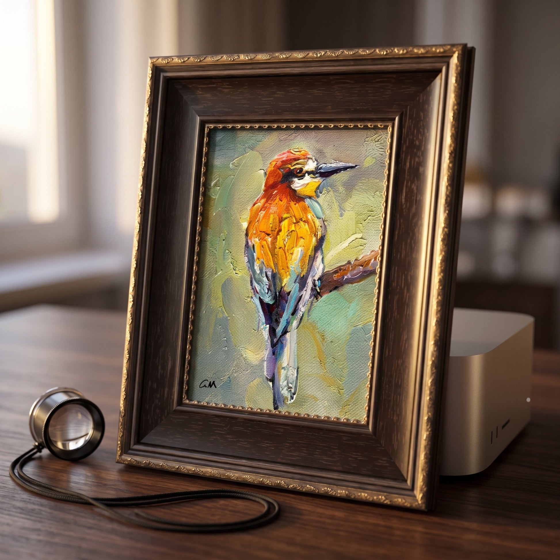 Contemporary study — Vibrant bird painting adds warmth and artistic flair to a minimalist workspace