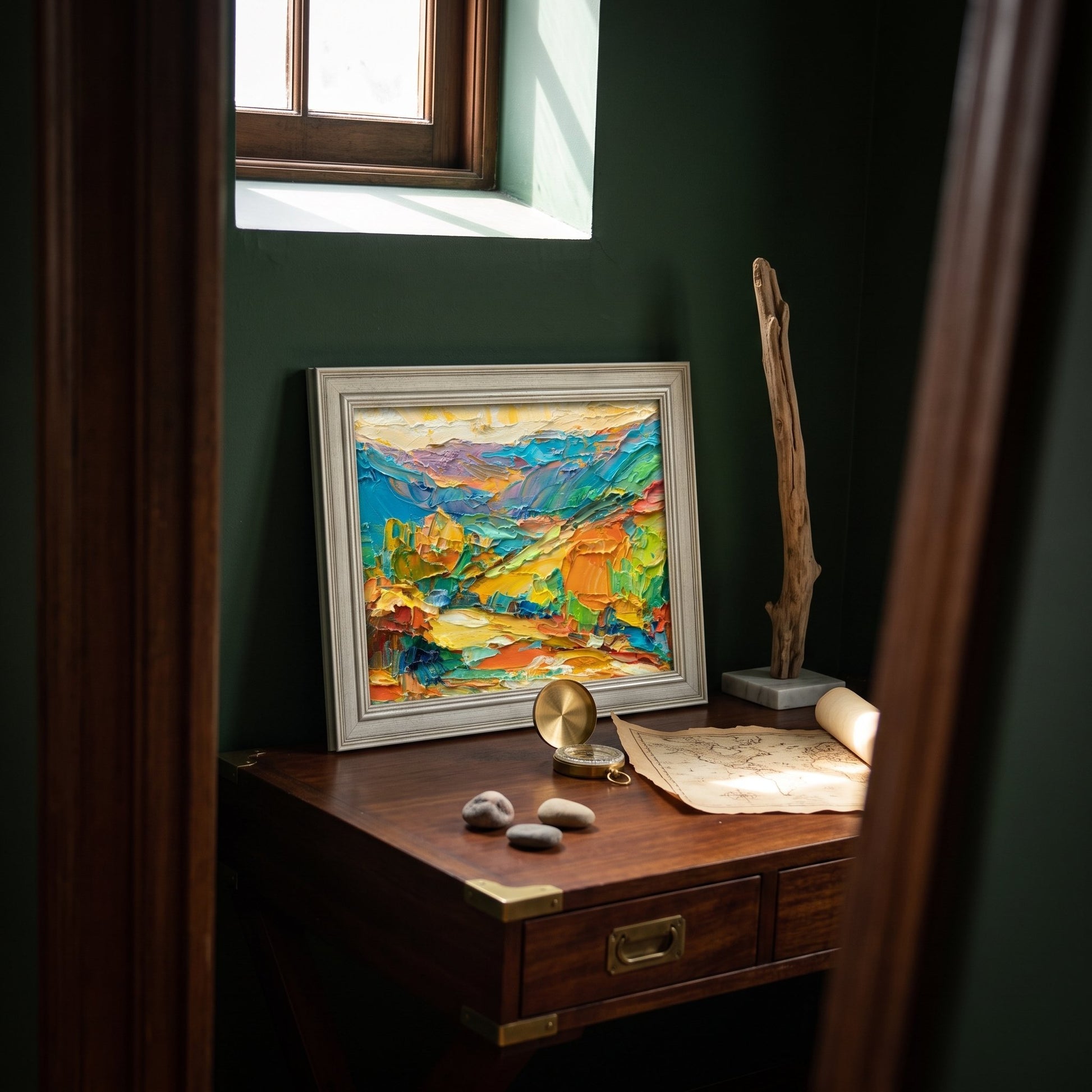 Study, rustic vintage — vibrant expressionist landscape elevates the space with bold color and textured energy