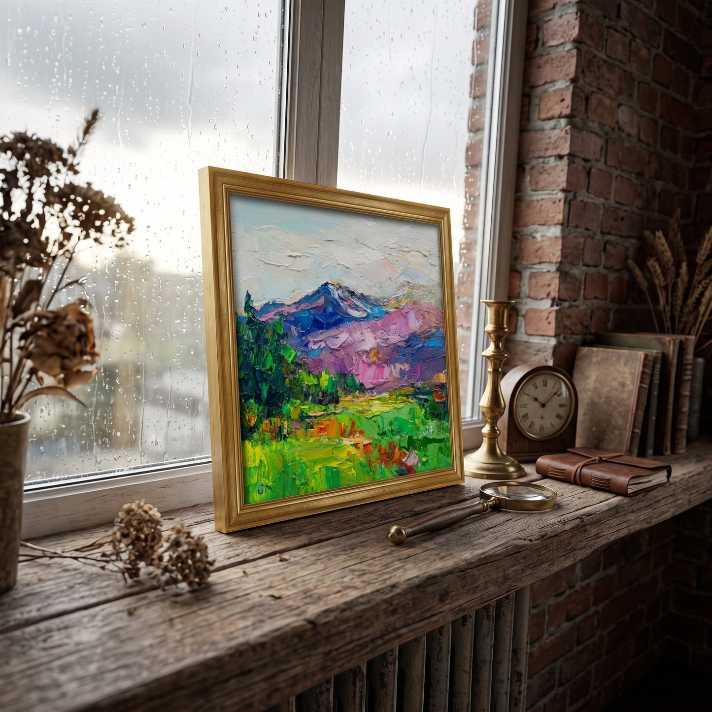 Rustic Farmhouse Study — Vibrant Impressionist landscape elevates the space with bold color and texture against natural light