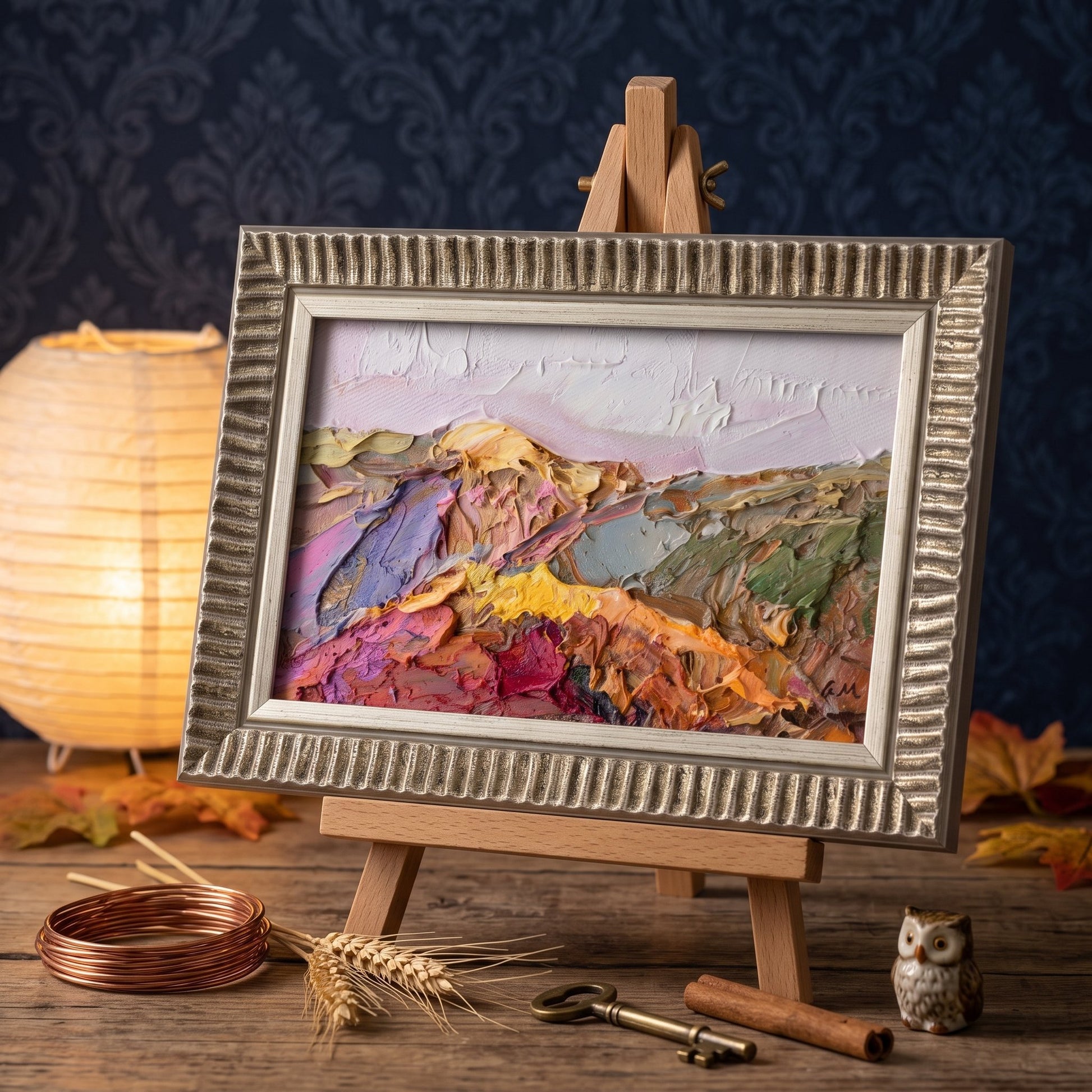 Eclectic study — Expressive landscape painting adds vibrant color and emotional depth to a warmly lit, vintage-inspired space