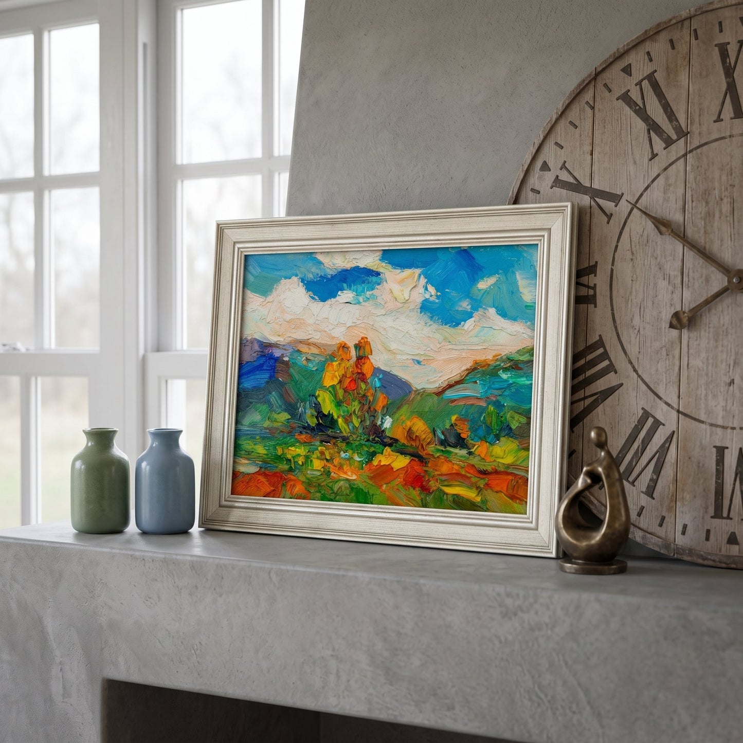 Contemporary entryway — vibrant Impressionist landscape adds color and soul to minimalist space