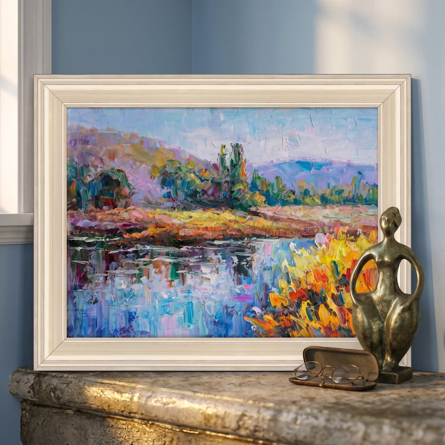 Contemporary living room — vibrant Impressionist landscape painting adds color and texture to minimalist space