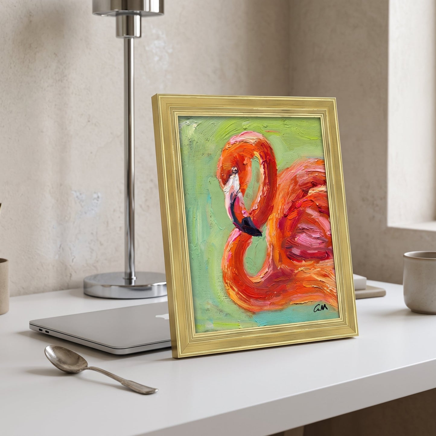 Minimalist home office — Vibrant expressionist flamingo painting adds color and personality to a serene workspace
