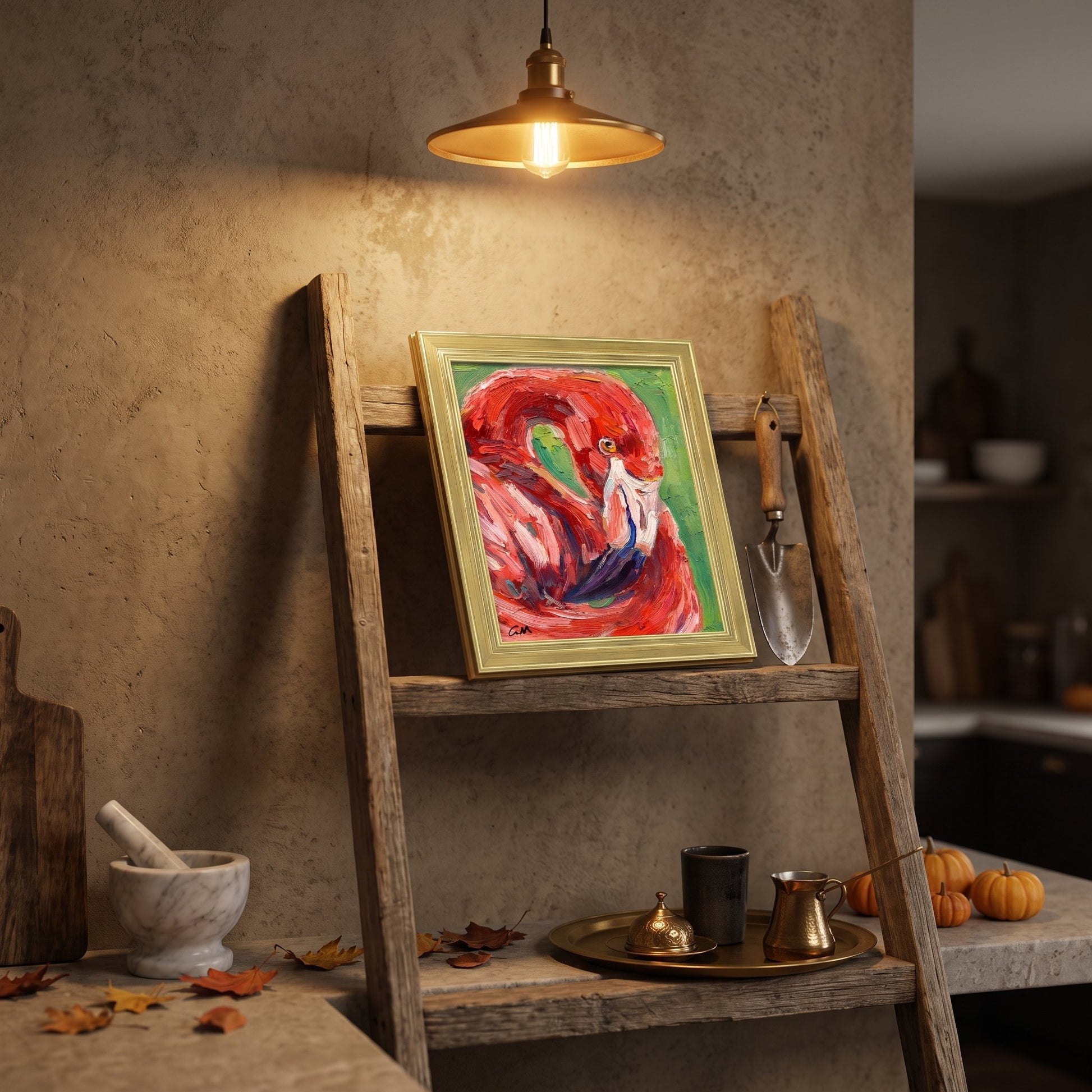 Rustic farmhouse kitchen — bold expressionist flamingo painting adds vibrant color and artistic charm to the warm, textured space