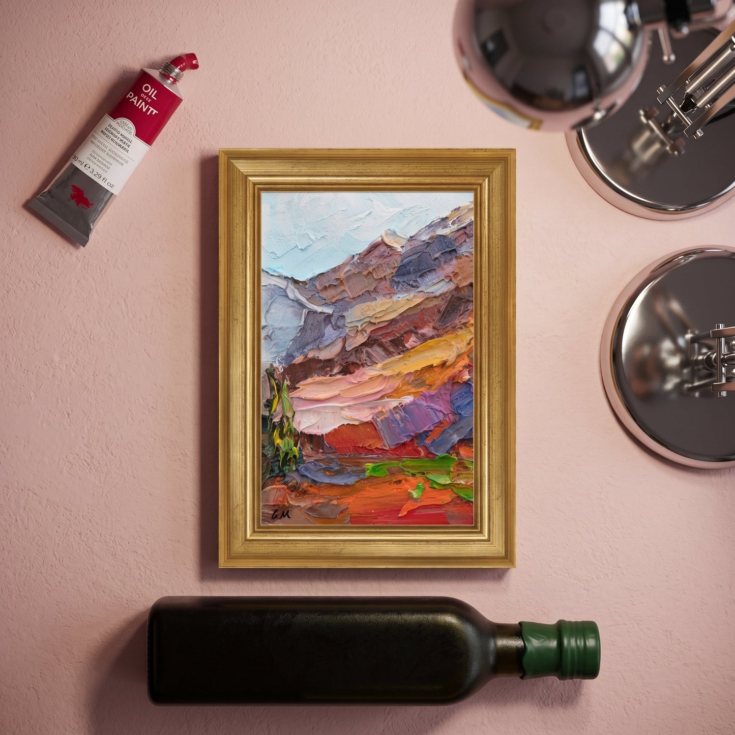 Contemporary studio — expressive landscape painting adds vibrant color and artistic energy to a minimalist creative space