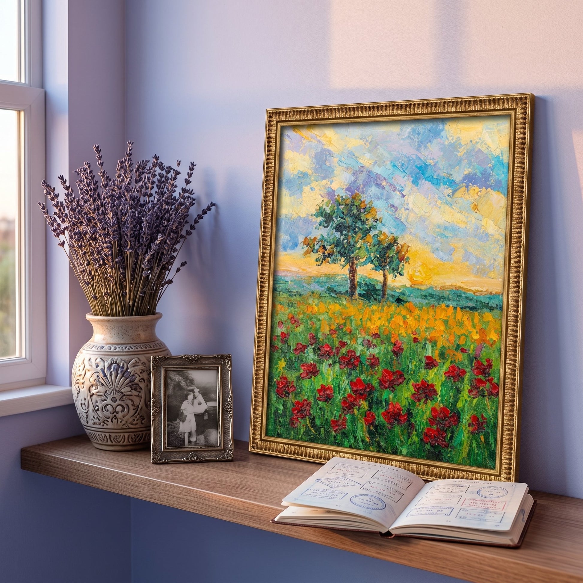 Bedroom, vintage-inspired decor — vibrant Impressionist landscape transforms the space with bold colors and natural serenity