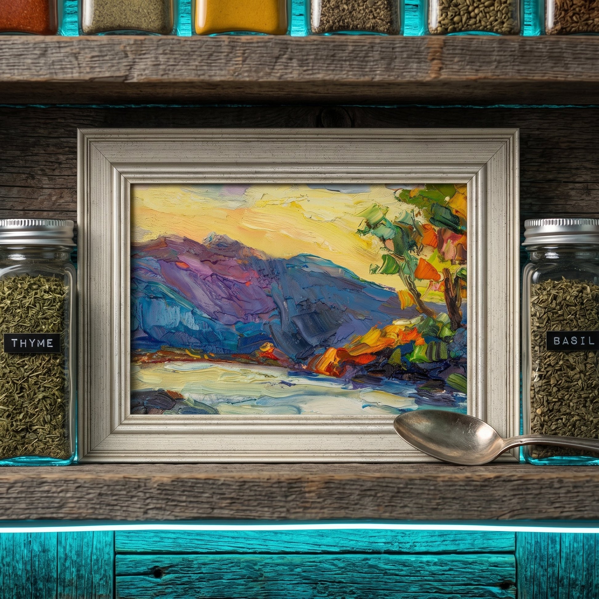 Rustic Farmhouse Kitchen — Expressive landscape painting adds vibrant color and artistic depth to a warm, natural setting