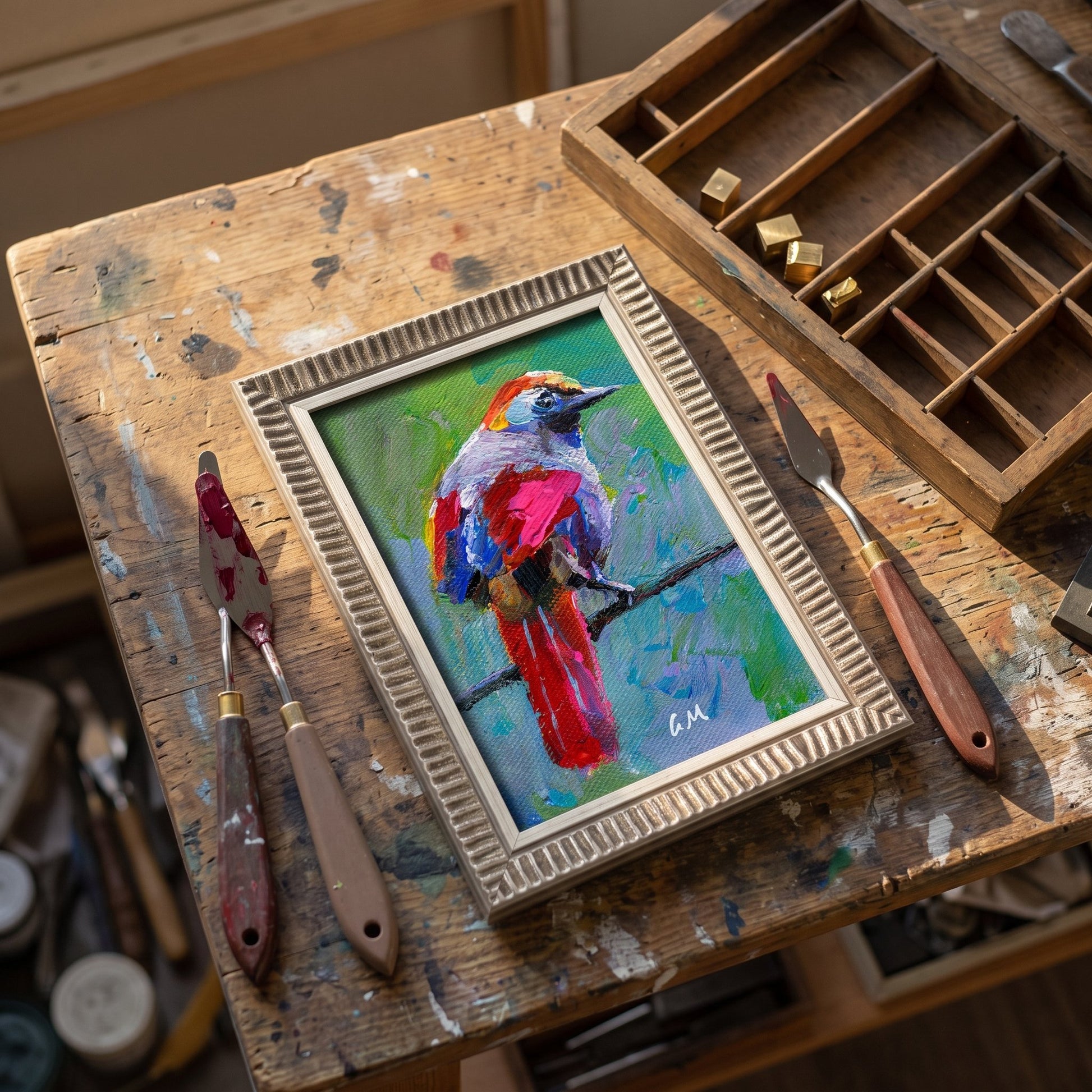 A vividly painted bird with fiery red and blue plumage rests on a branch in a small framed canvas, set atop a paint-splattered artist's workbench surrounded by tools.