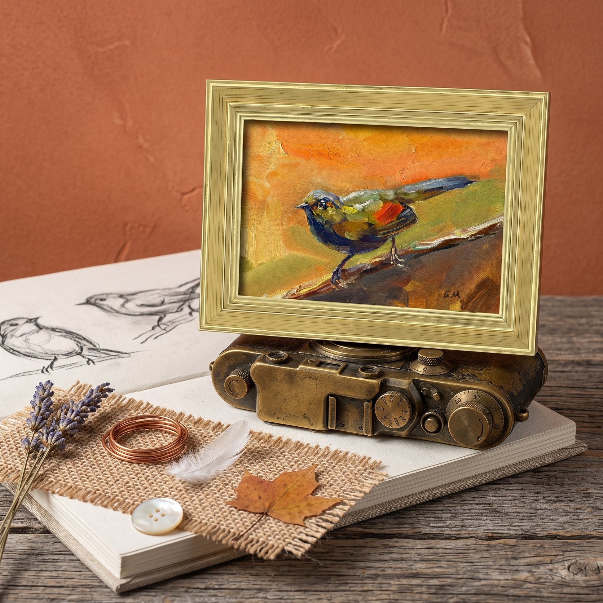 A colorful bird painting in a gold frame sits atop a vintage camera on a sketchbook, surrounded by lavender and autumn leaves in a rustic study.