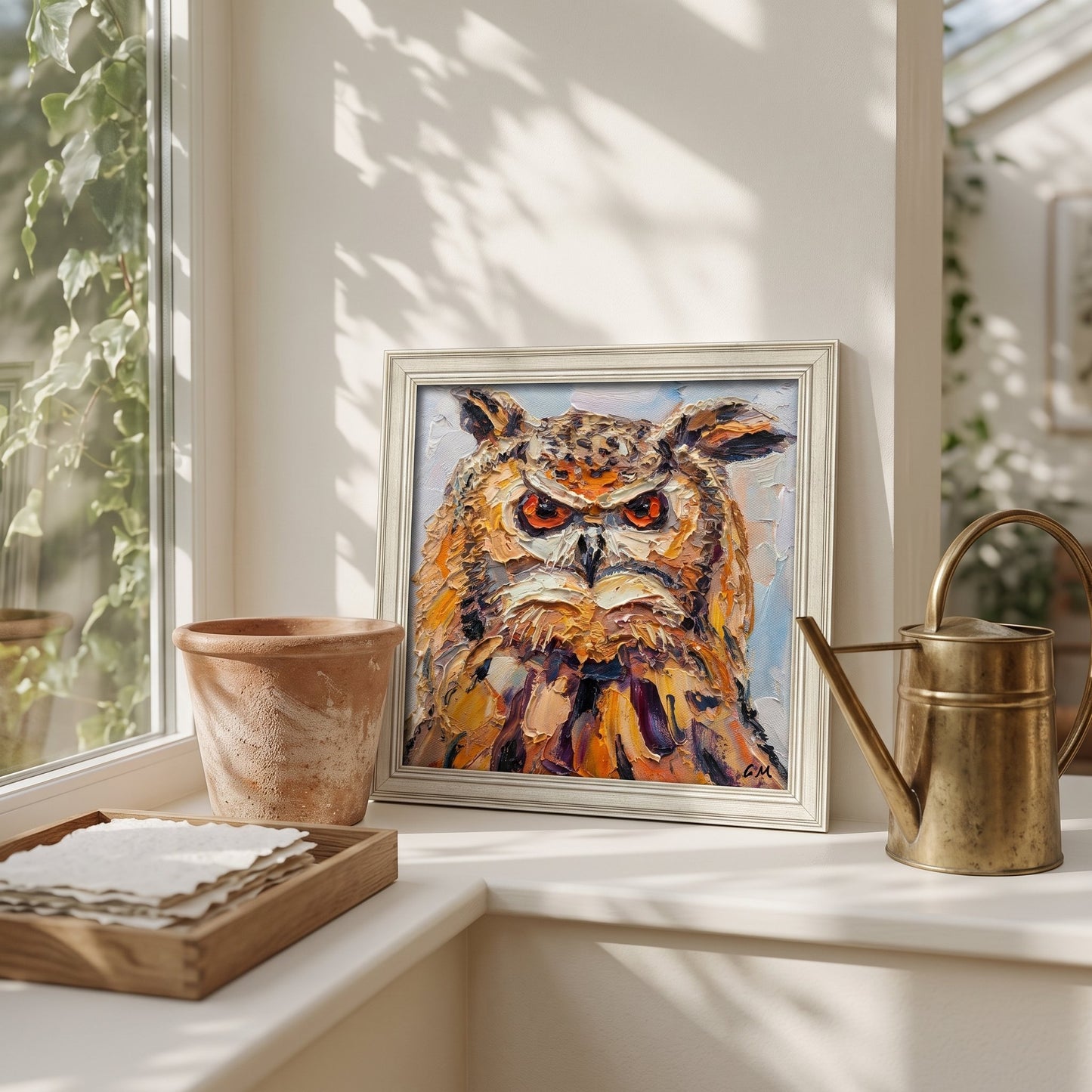A vividly painted owl with fiery orange eyes and textured feathers rests in a silver frame on a sunlit windowsill, flanked by a terracotta pot and brass watering can.