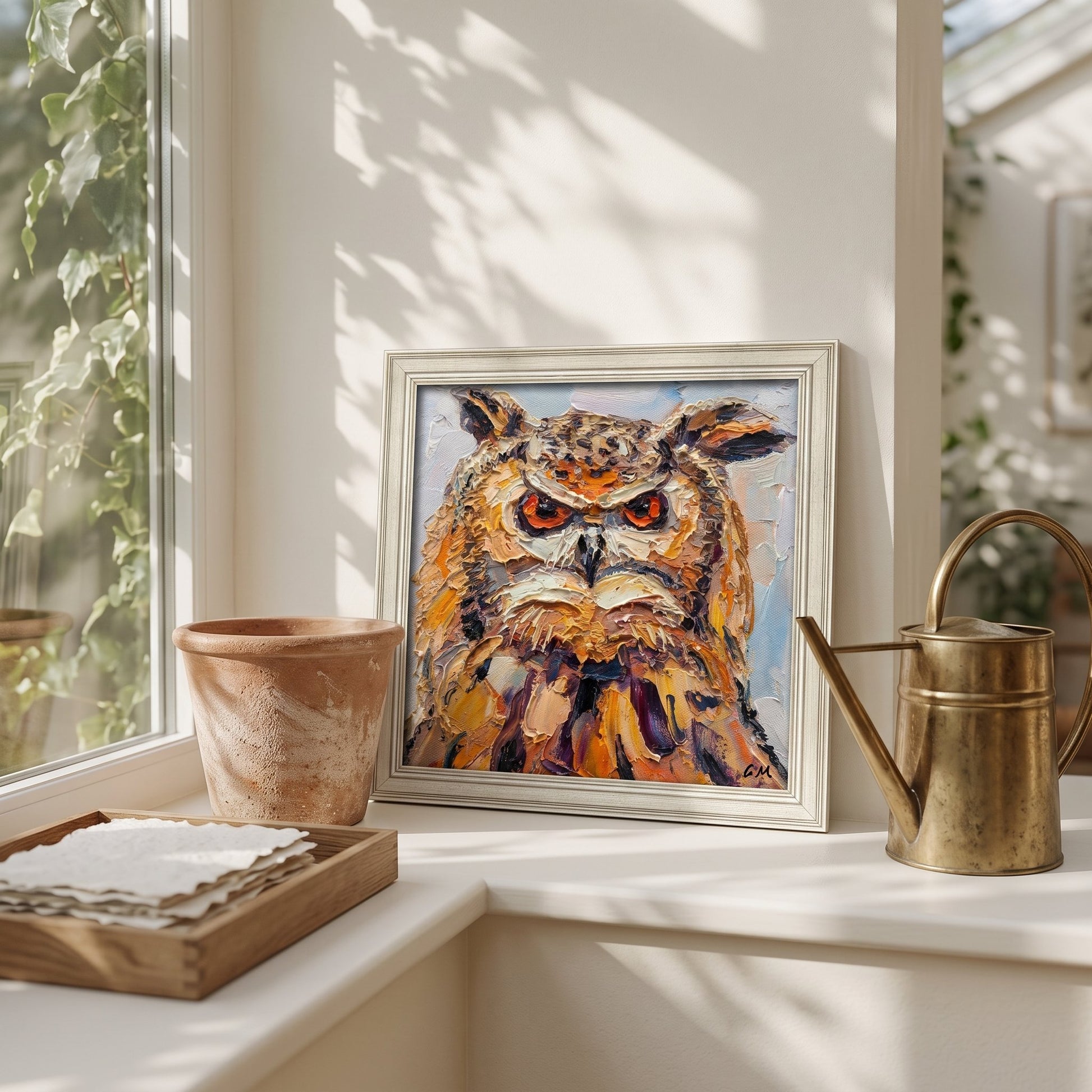 A vividly painted owl with fiery orange eyes and textured feathers rests in a silver frame on a sunlit windowsill, flanked by a terracotta pot and brass watering can.