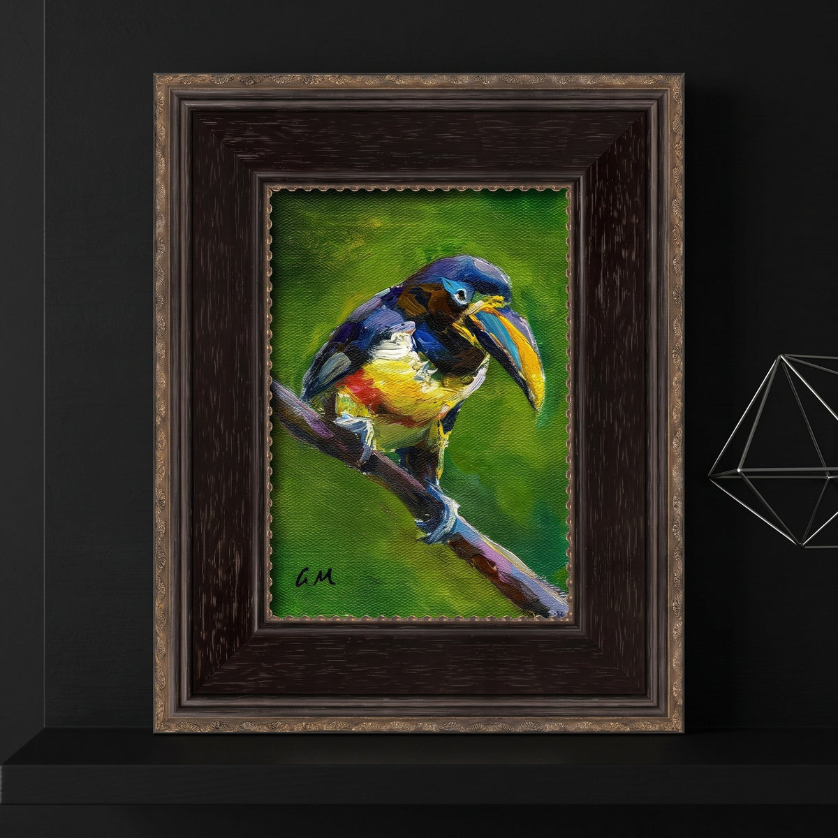 A colorful toucan perched on a branch in a richly textured oil painting, displayed in a dark ornate frame against a black wall.