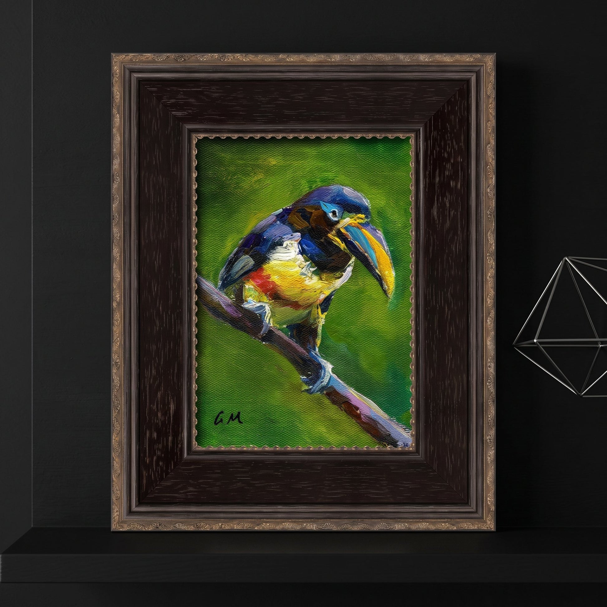 A colorful toucan perched on a branch in a richly textured oil painting, displayed in a dark ornate frame against a black wall.