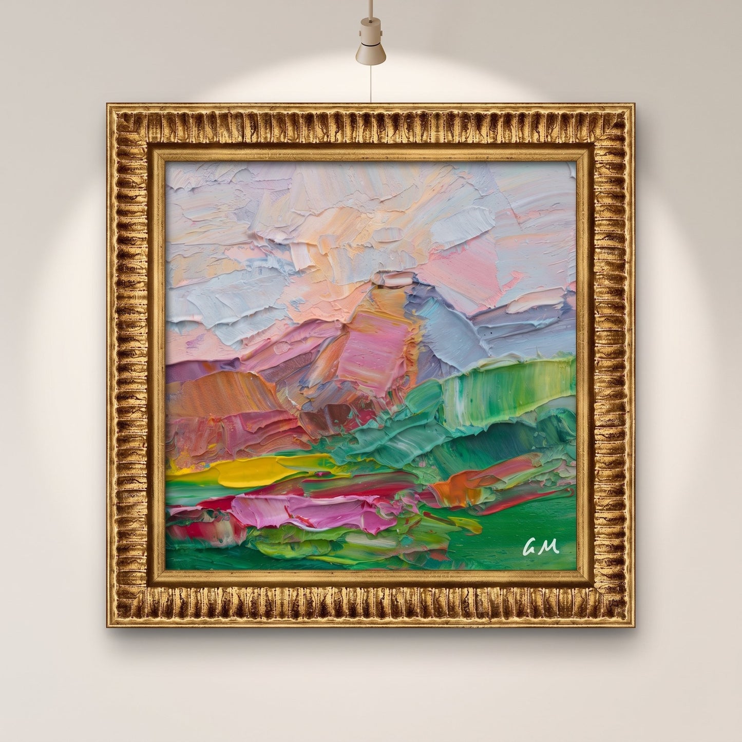 Minimalist living room — expressive abstract landscape painting energizes neutral space with vibrant color and texture