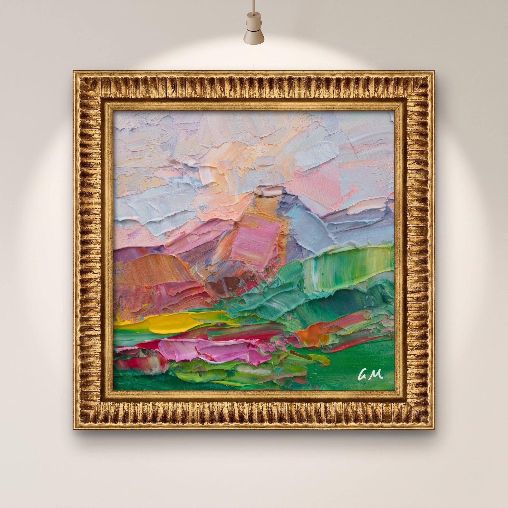 Minimalist living room — expressive abstract landscape painting energizes neutral space with vibrant color and texture