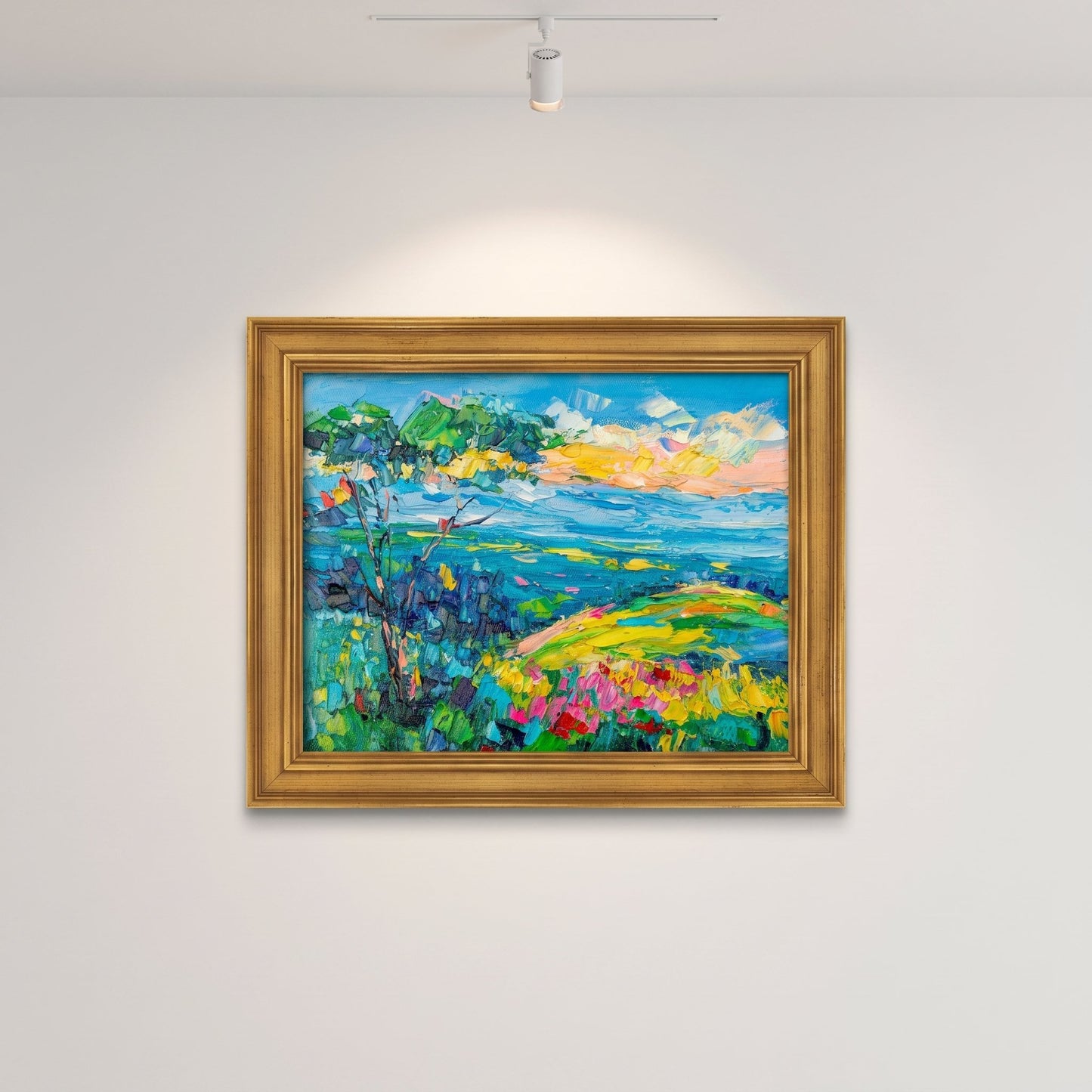 Minimalist gallery space — vibrant Impressionist landscape painting adds color and emotion to serene white walls