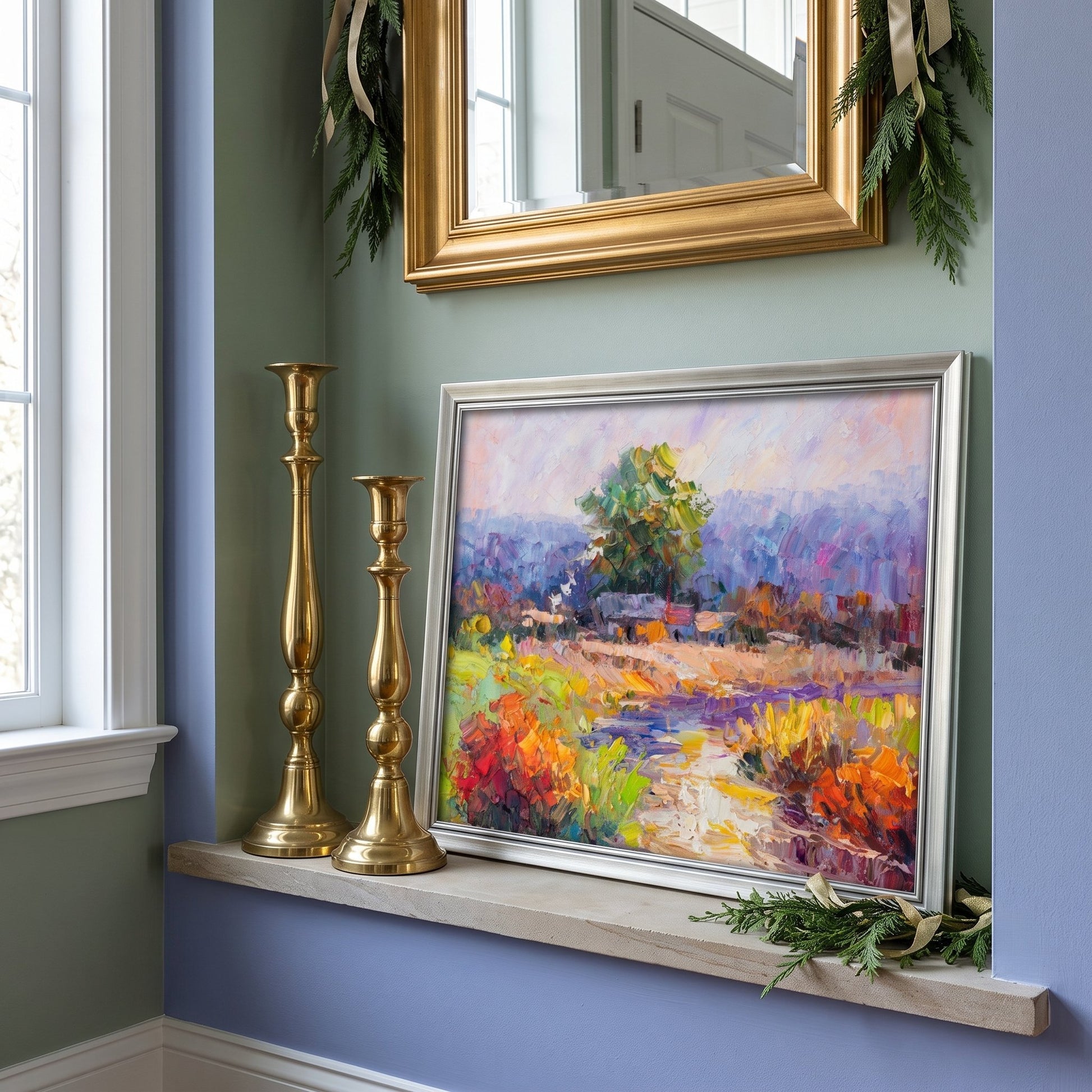 Transitional living room — vibrant Impressionist landscape elevates serene space with bold color and textured brushwork