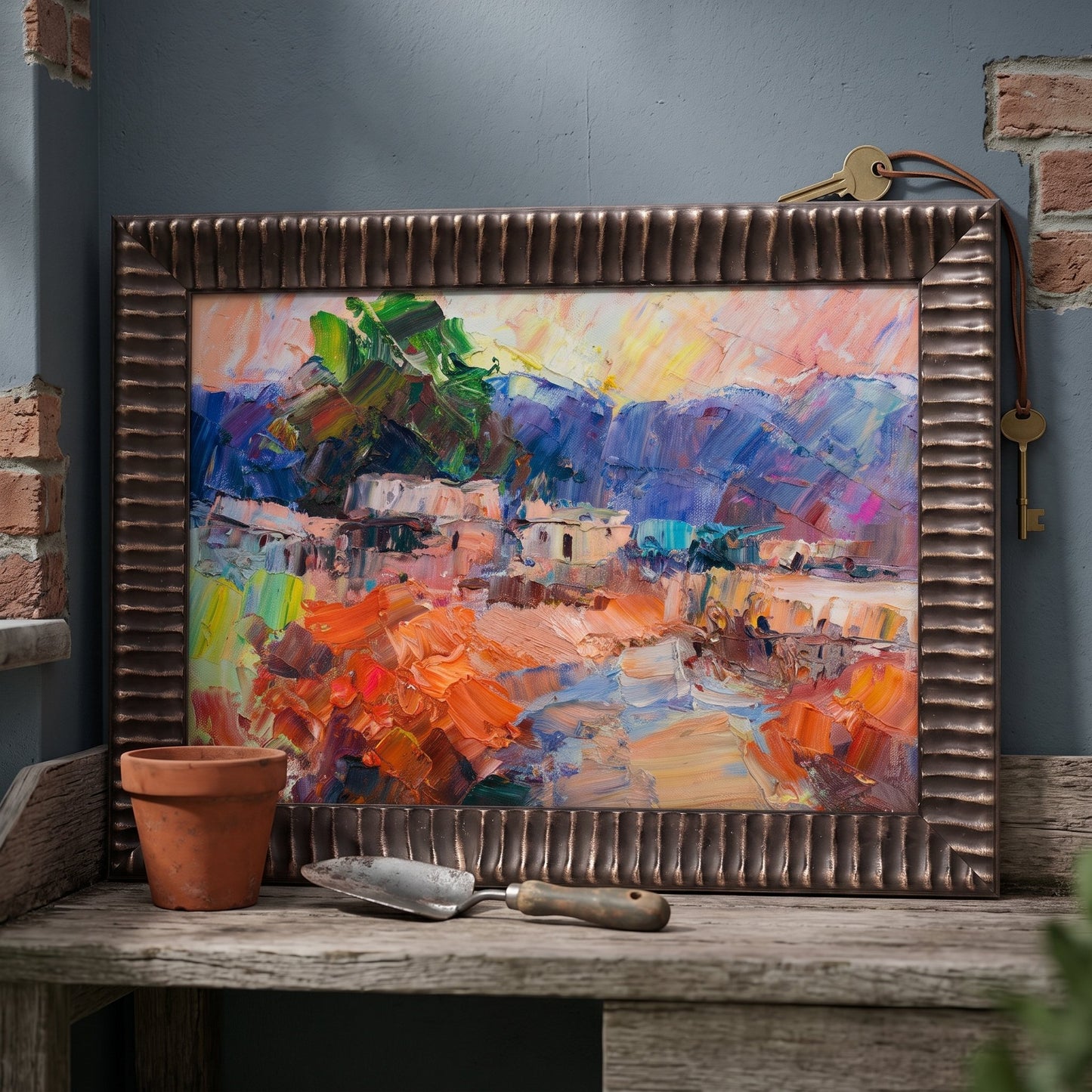 Rustic Farmhouse Entryway — Vibrant Expressionist Landscape Art Transforms Space with Bold Color and Texture