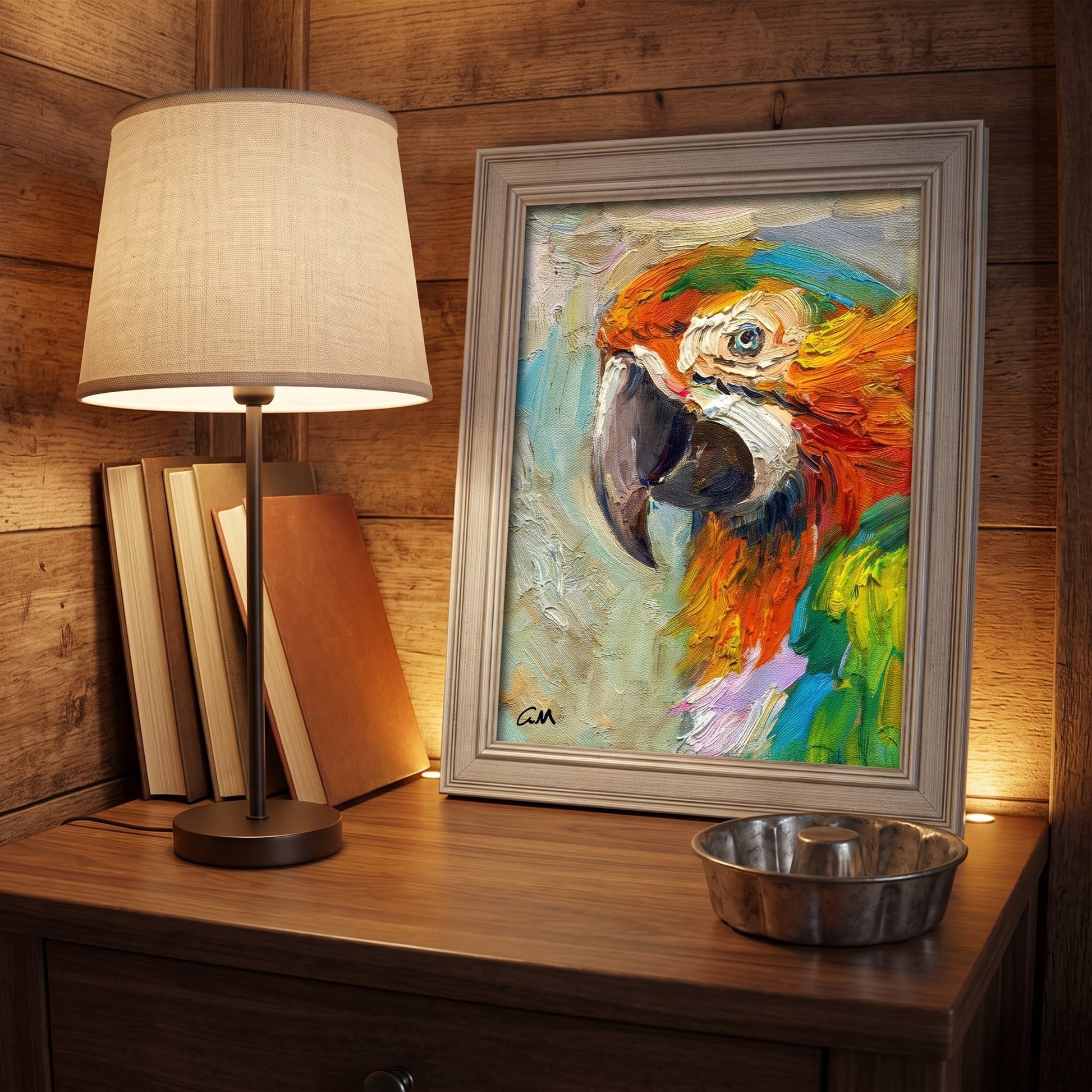 Rustic Farmhouse Study — Vibrant expressionist macaw painting adds bold color and life to warm wooden interior