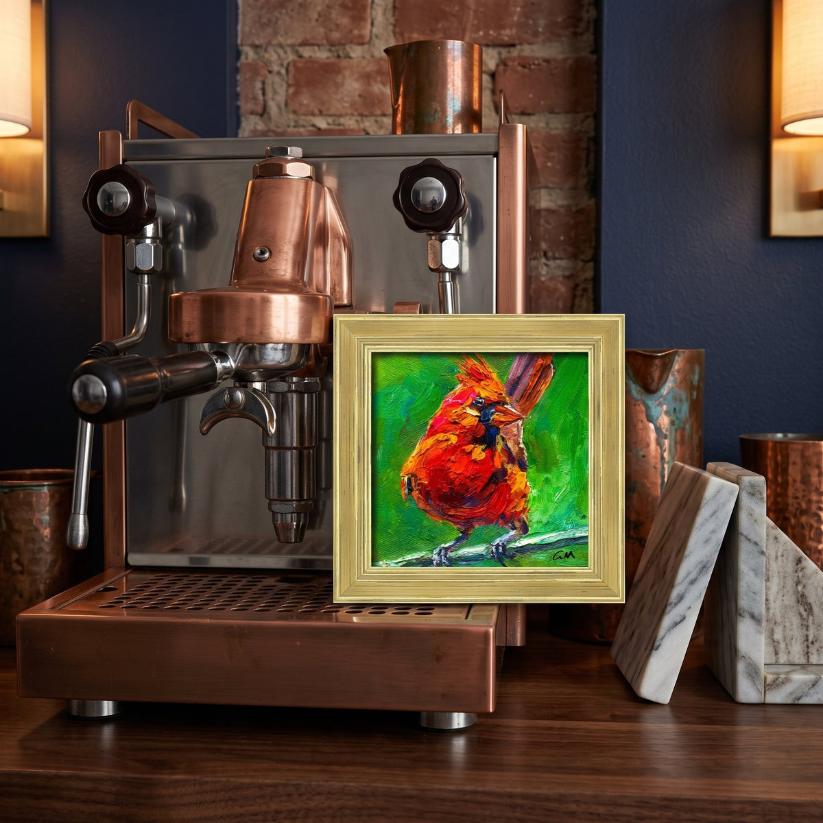 Industrial-chic kitchen nook — vibrant cardinal painting adds bold color and artistic energy to the space