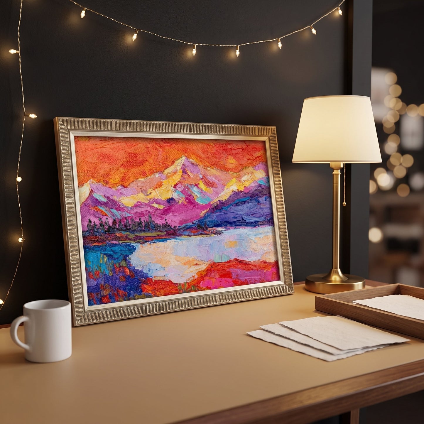 Contemporary home office — Vibrant expressionist landscape painting adds bold color and artistic energy to a moody, warmly lit workspace