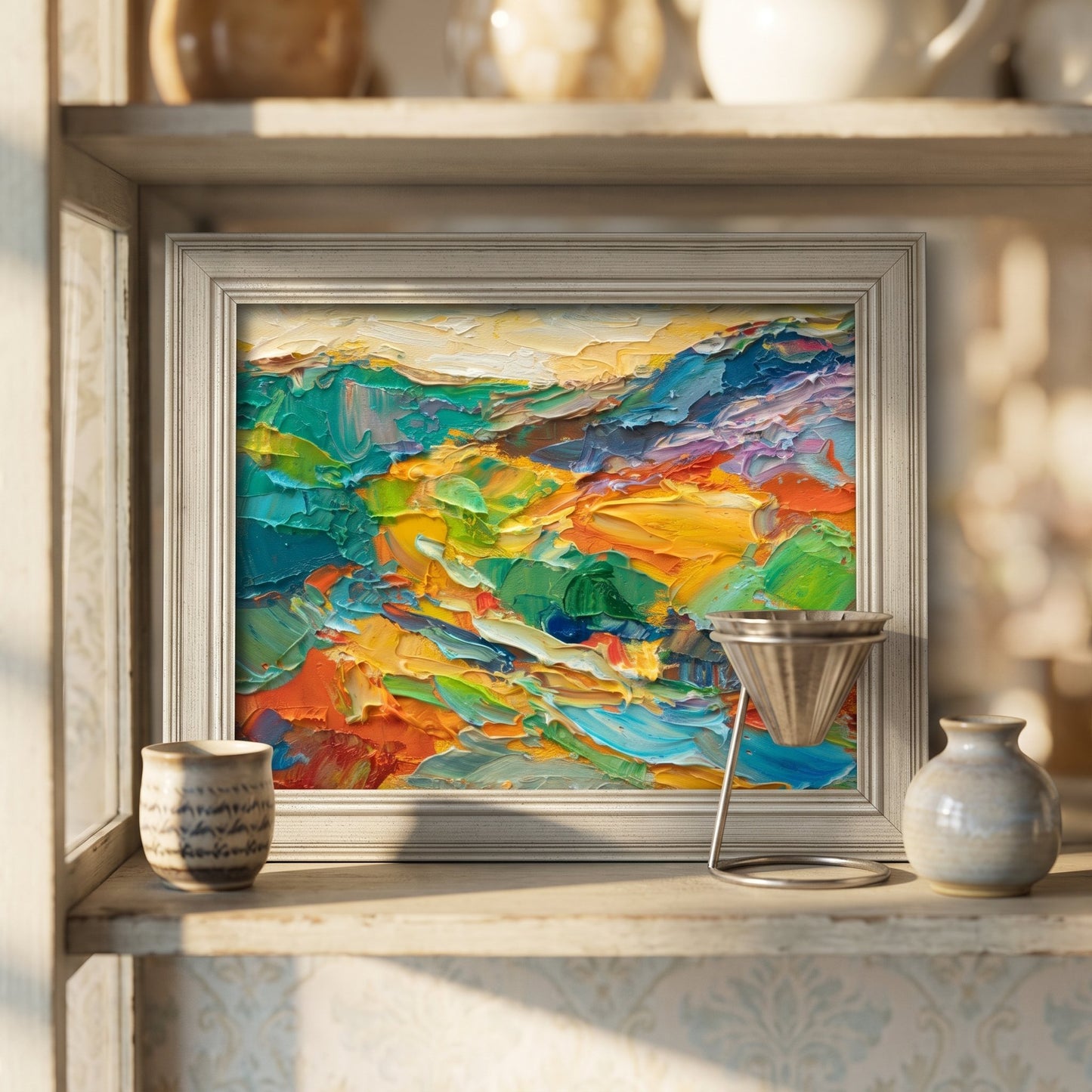 Scandinavian living room — vibrant abstract landscape painting elevates minimalist space with bold color and texture